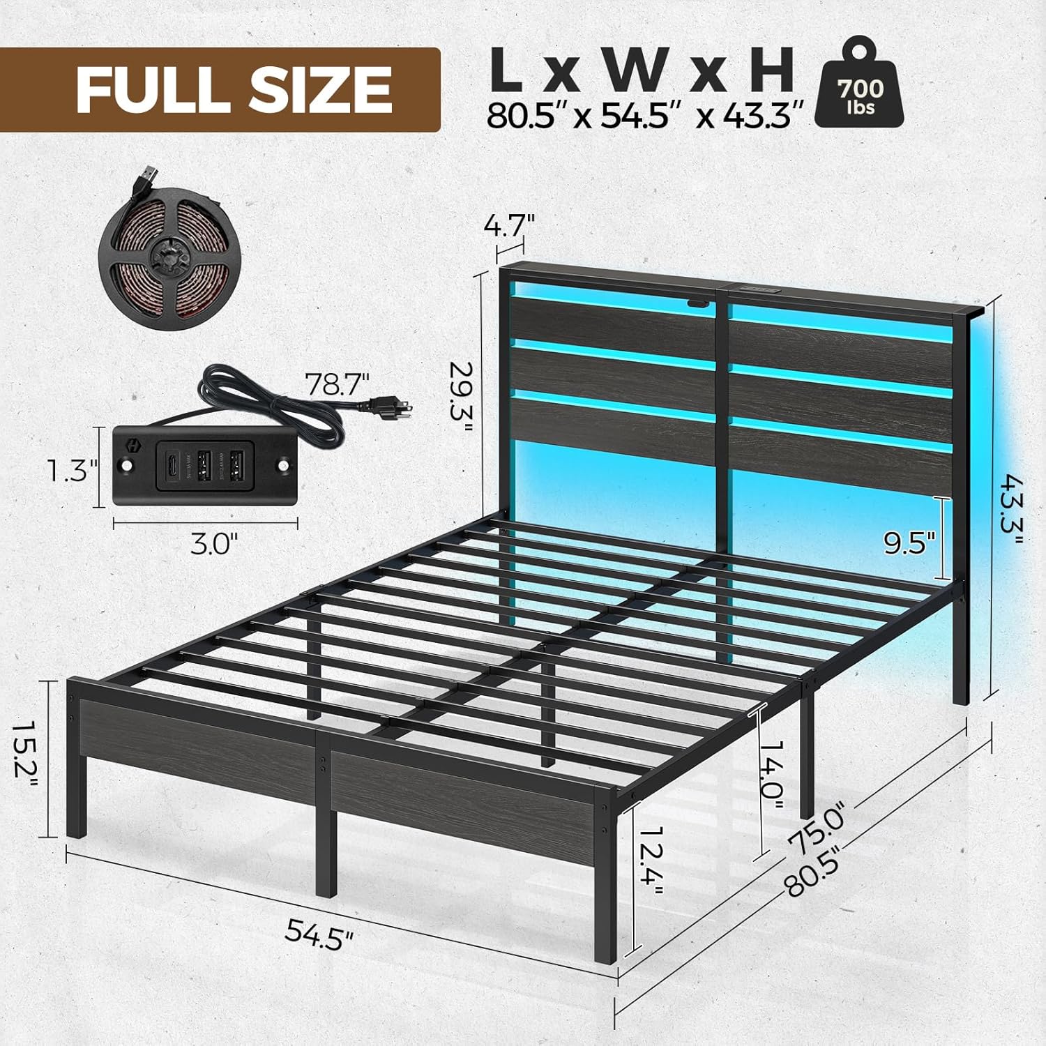 Rolanstar Bed Frame Full Size with USB Charging Station, LED Bed Frame - $100