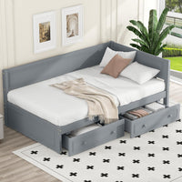 Wood Twin Daybed Frame with 2 Storage Drawers, L-Shaped Corner Unit, Gray - $110