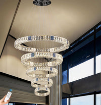 Modern Crystal Chandelier Lighting, Large 5 Ring Adjustable Stainless Steel LED - $515