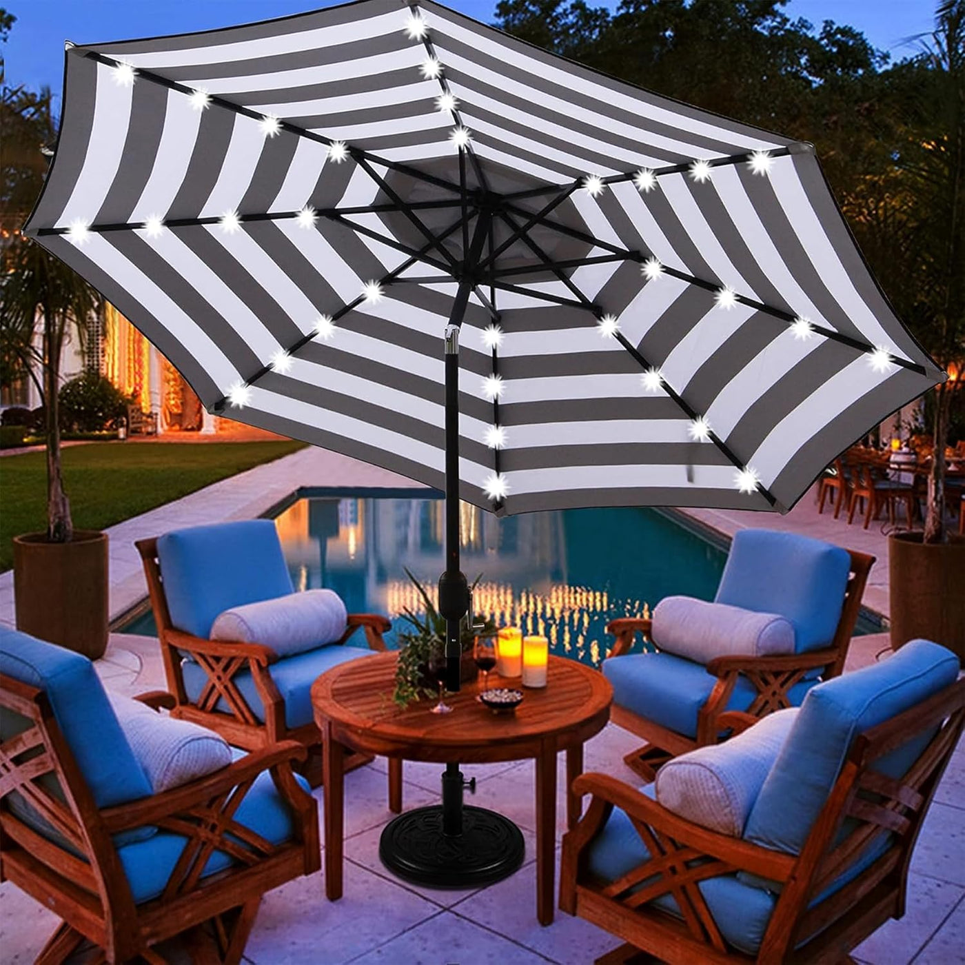 Blissun 9 ft Solar Umbrella 32 LED Lighted Patio Umbrella (Black and White) - $45