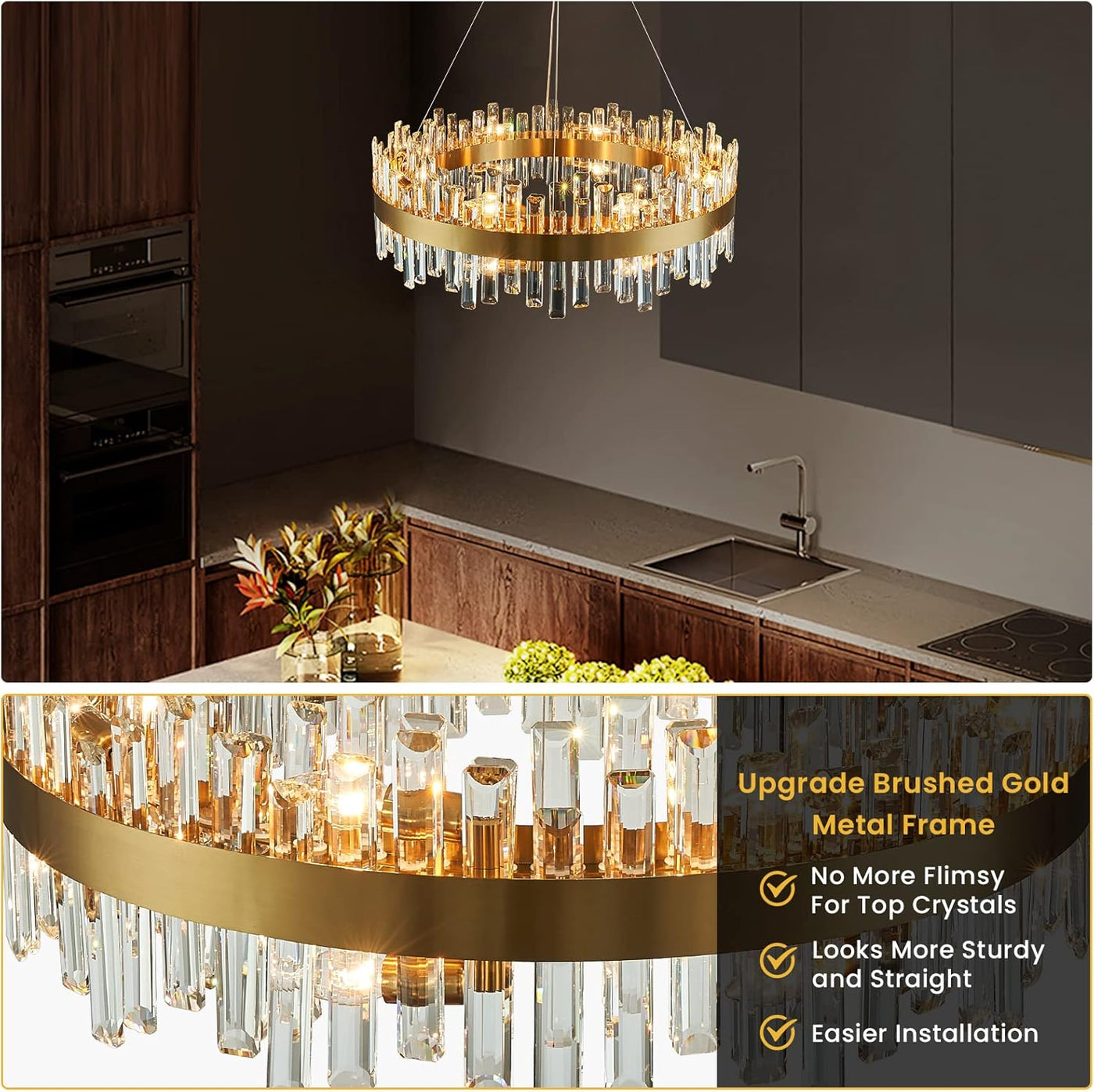 Siljoy 20-Light Modern Crystal Chandeliers, Large Brushed Gold 2-Tiers Raindrop - $590