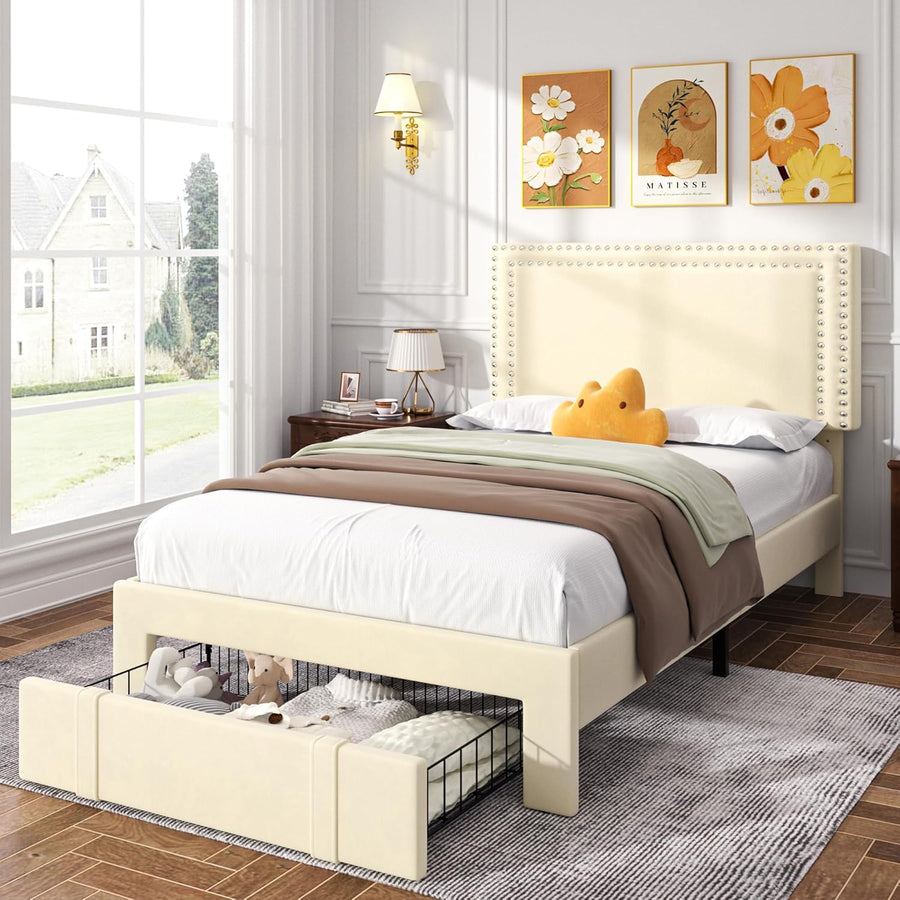 VECELO Twin Platform Bed Frame with Storage Drawer, Adjustable Headboard - $80