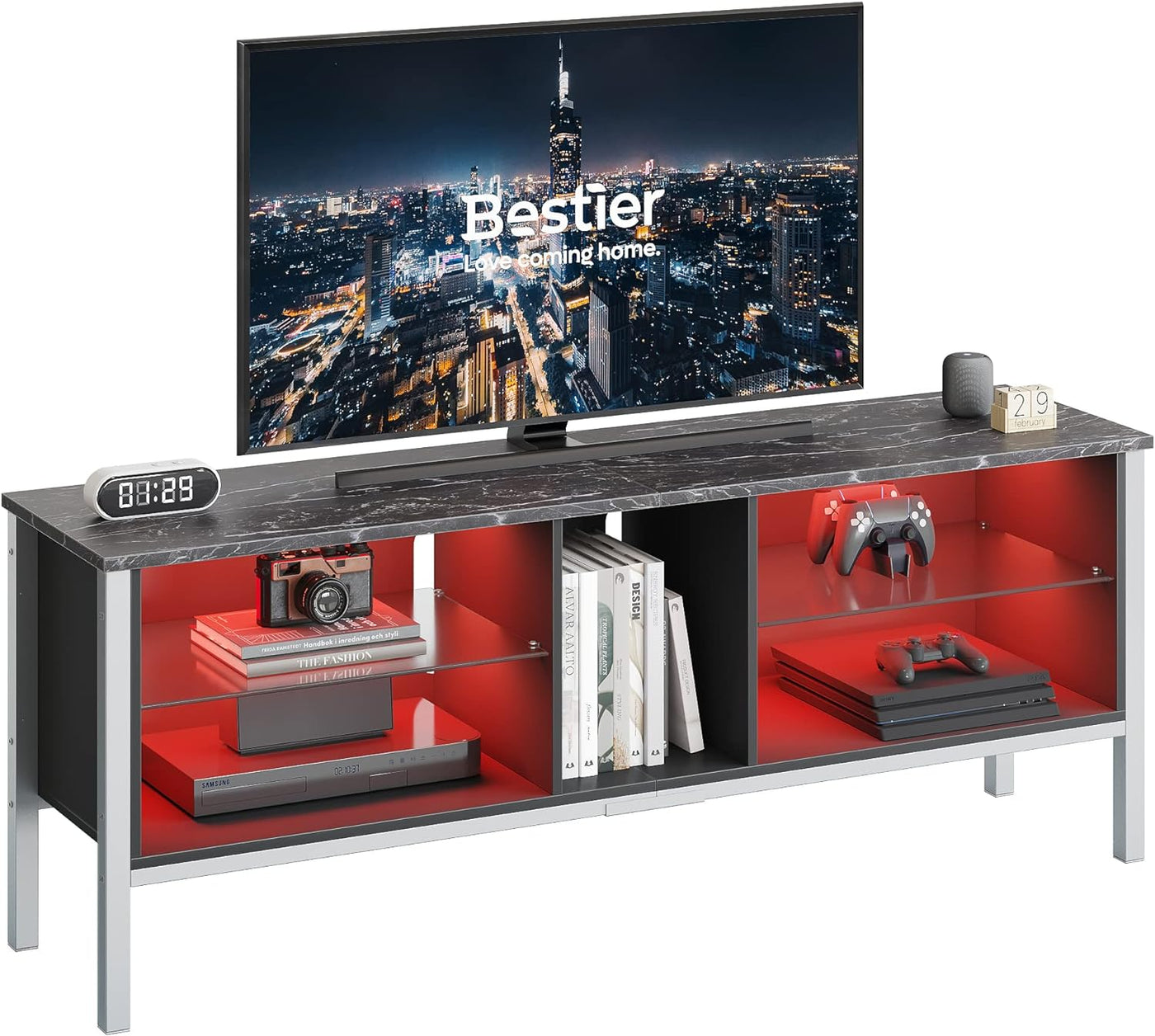 Bestier TV Stand for TVs up to 70'' with RGB LED Lights, Walnut 