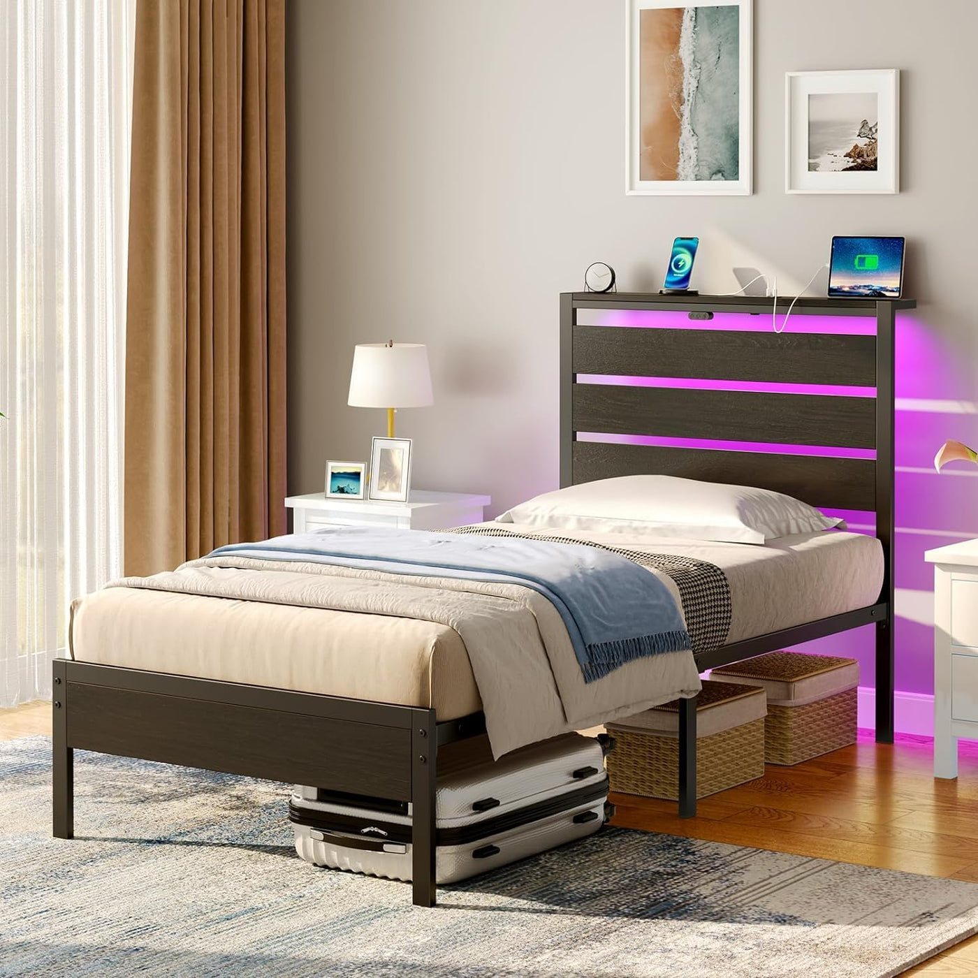 Rolanstar Bed Frame Twin Size with USB Charging Station, LED Bed Frame - $50