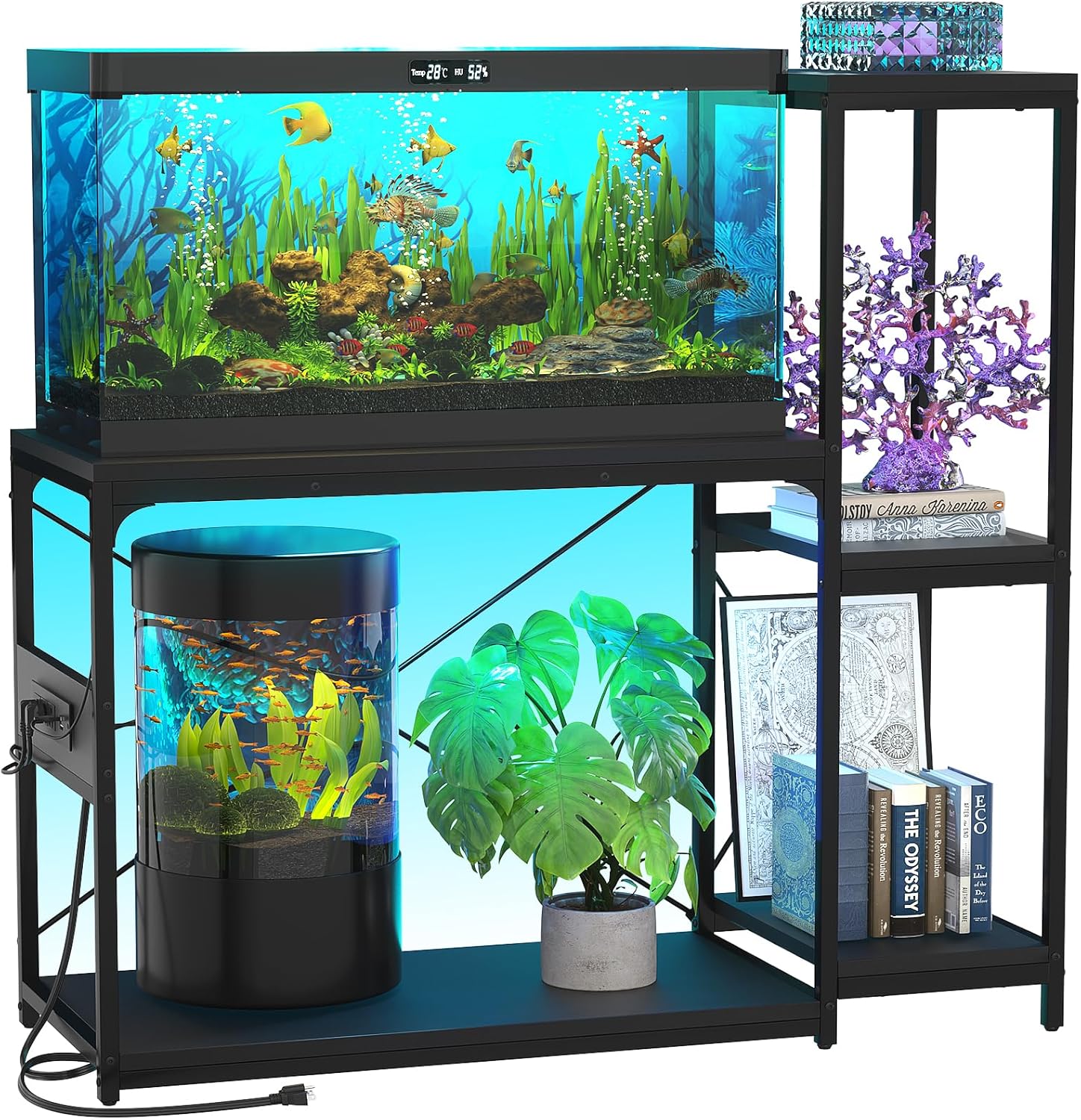 20 29 Gallon Fish Tank Stand with Power Outlet LED Light Black 8 DISCOUNT BROS