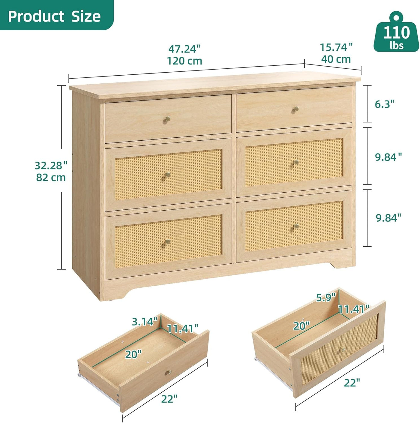 YITAHOME Rattan Dressers & Chests of Drawers，6 Drawer Modern Closet Dresser - $100