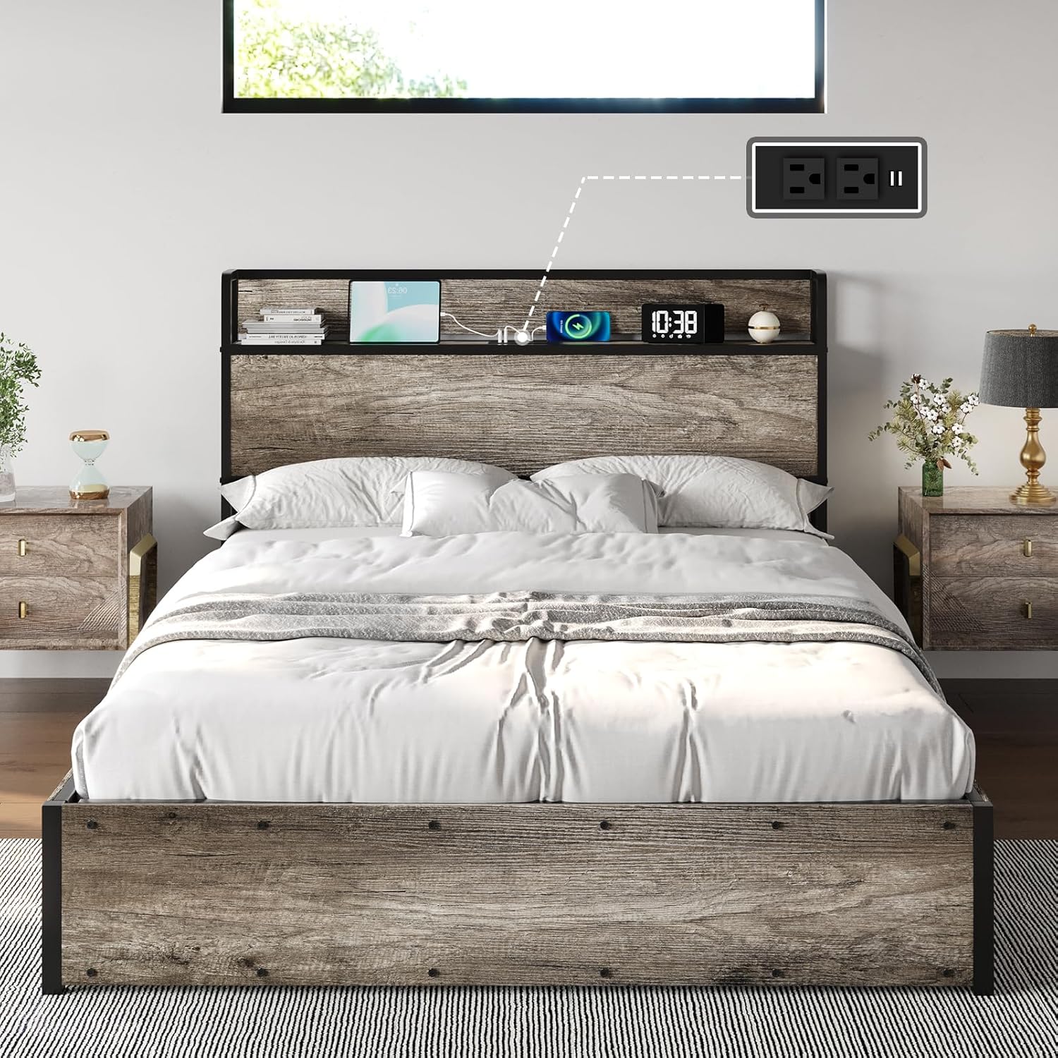 AMERLIFE Full Size Lift Up Storage Bed Frame, Wooden Platform Bed Frame - $155