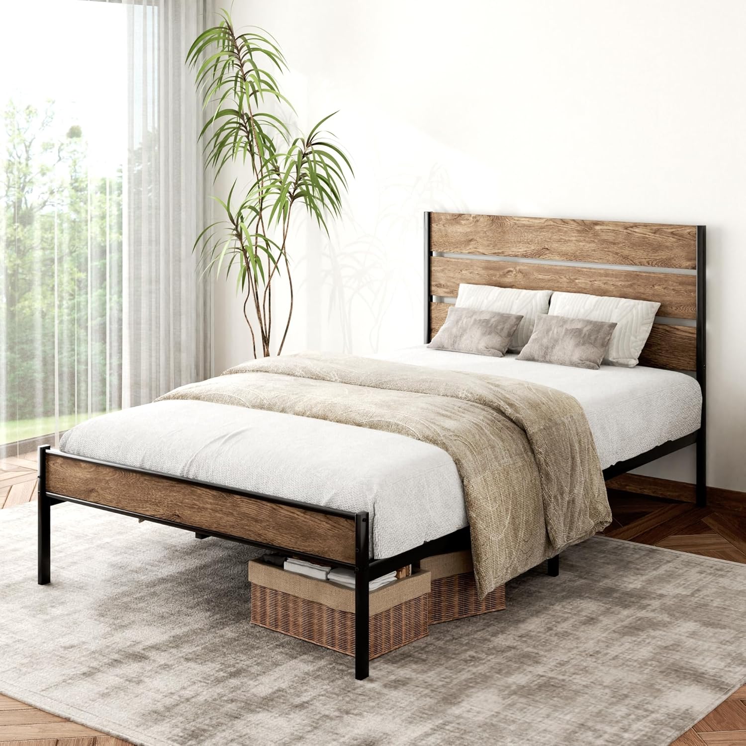 Twin Size Metal Platform Bed Frame with Modern Wooden Headboard and Footboard - $65