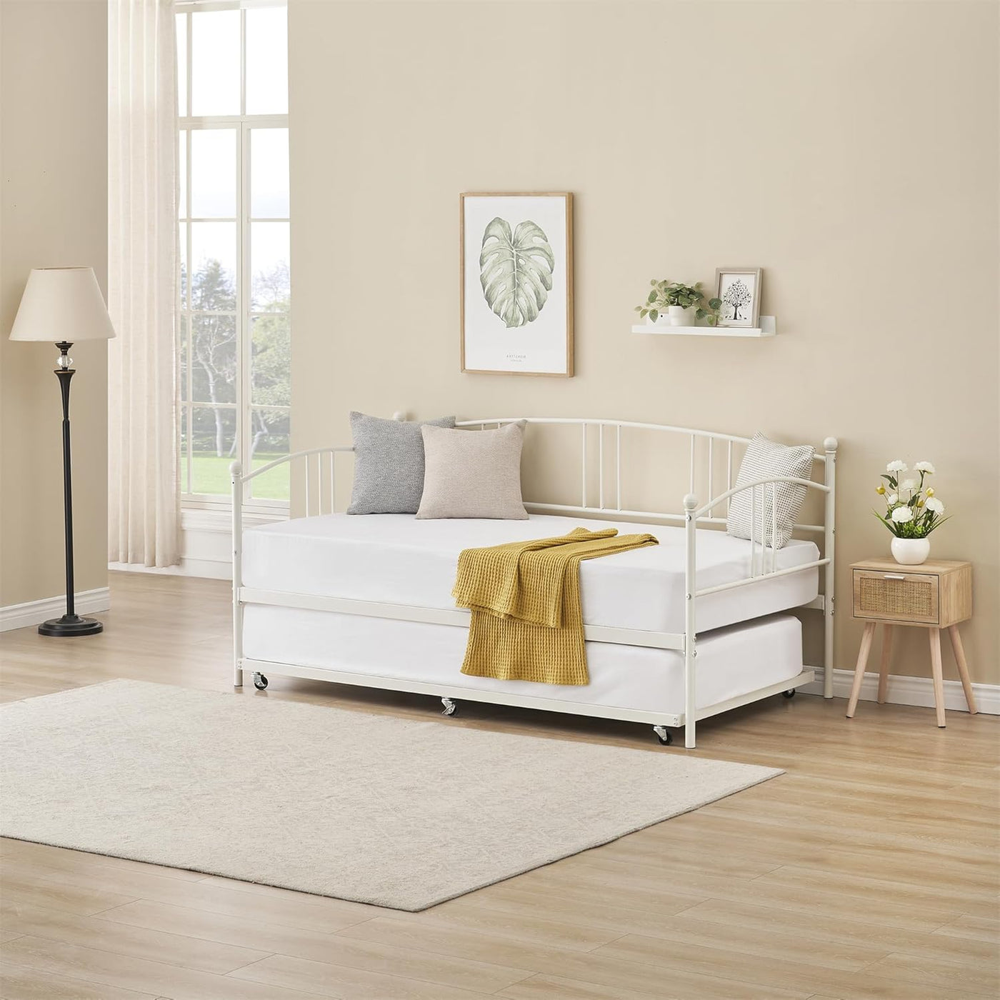 GAOMON Twin Metal Daybed with Pullout Trundle, Steel Slat Support, White - $80