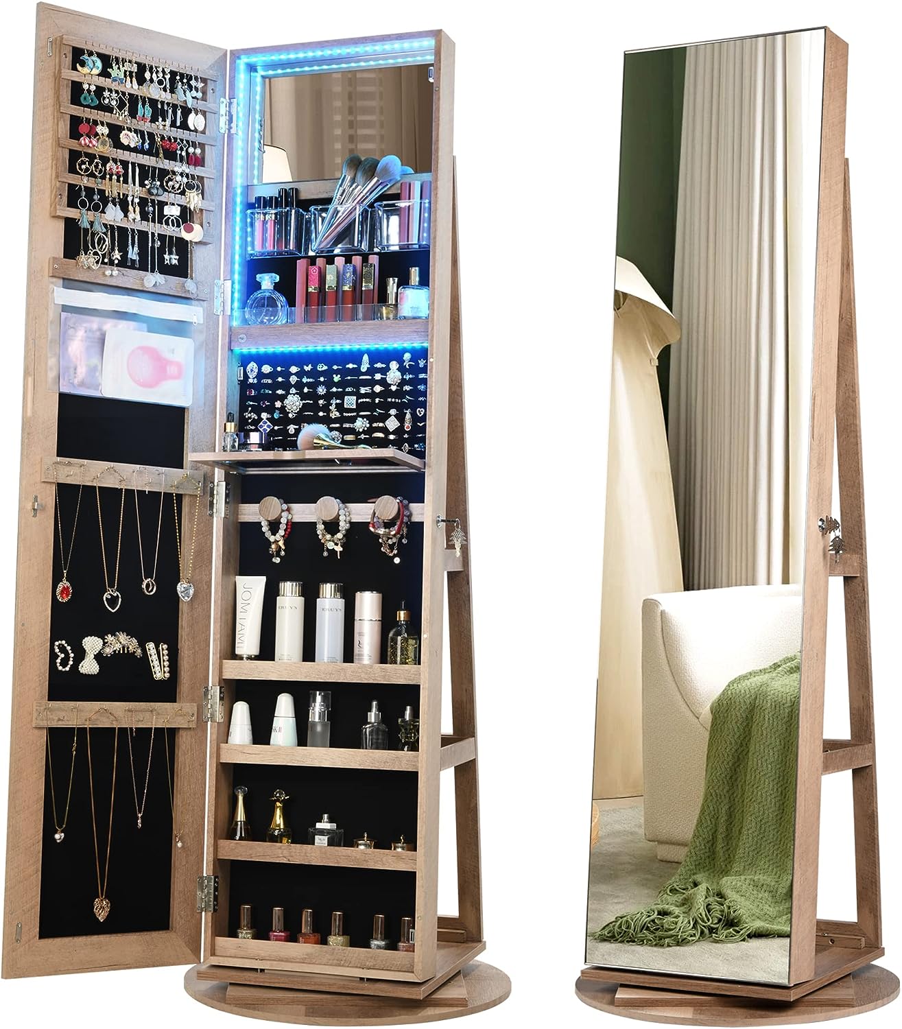 Vlsrka LED Light Jewelry Armoire with 360° Swivel Mirror, Large Lockable Organizer - $115
