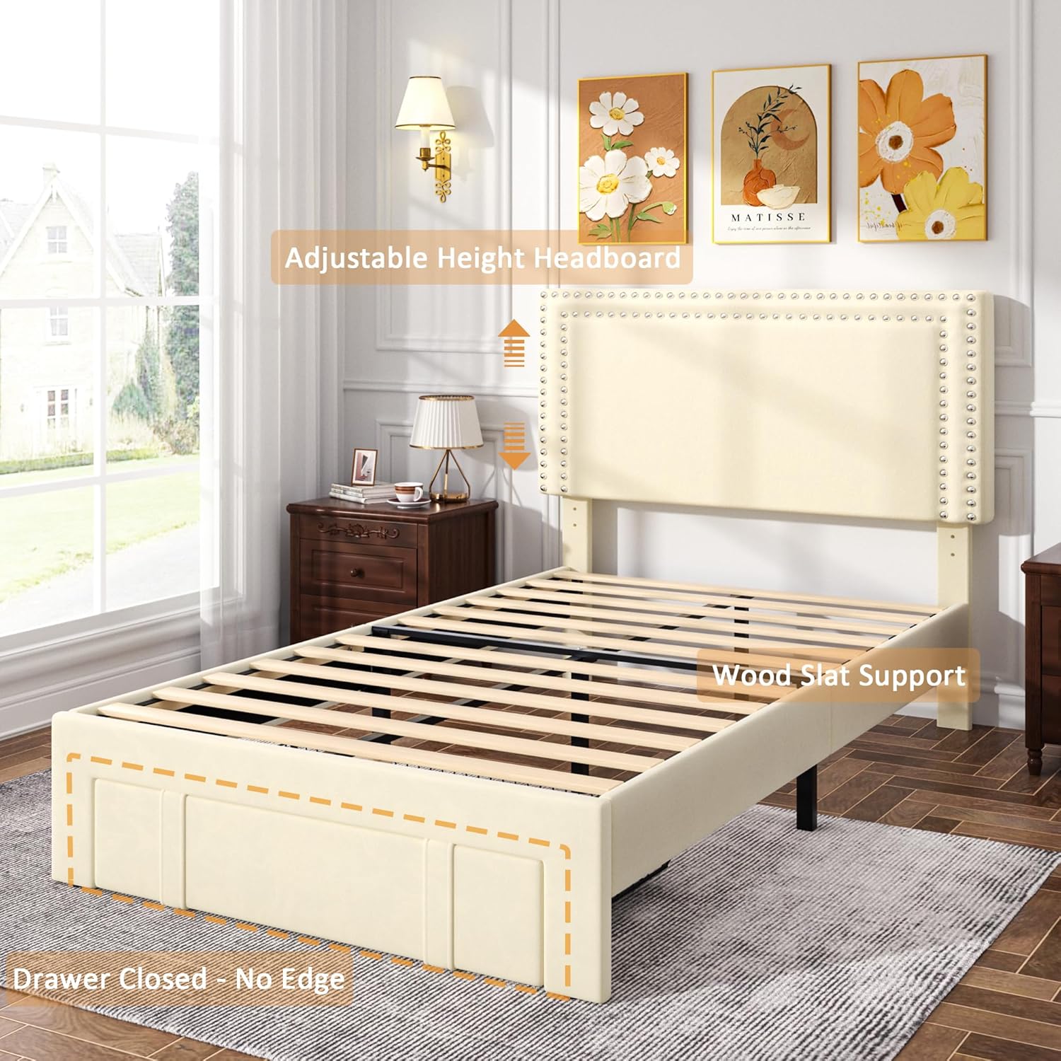 VECELO Twin Platform Bed Frame with Storage Drawer, Adjustable Headboard - $80