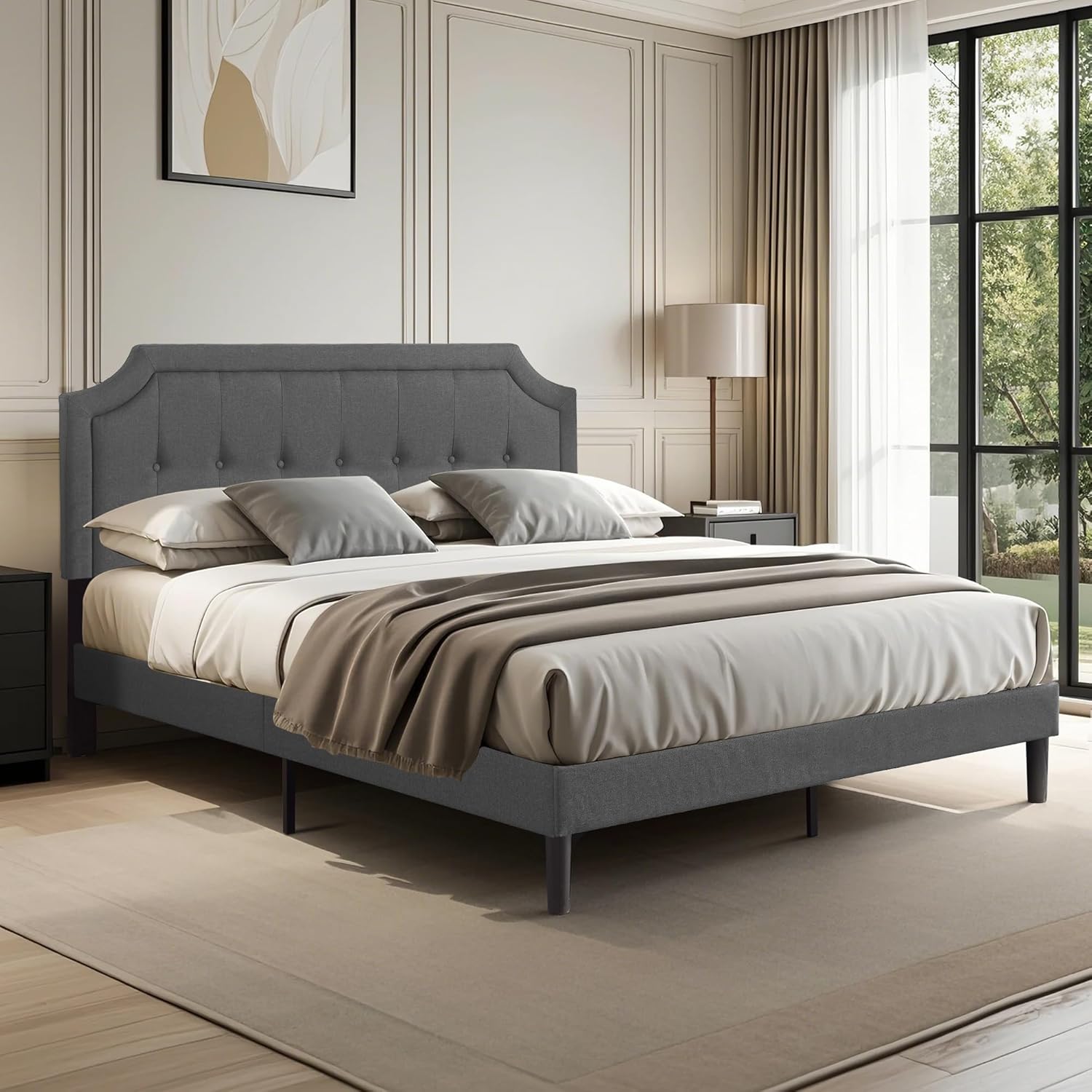 VECELO Queen Upholstered Platform Bed Frame Panel Headboard, Grey - $90