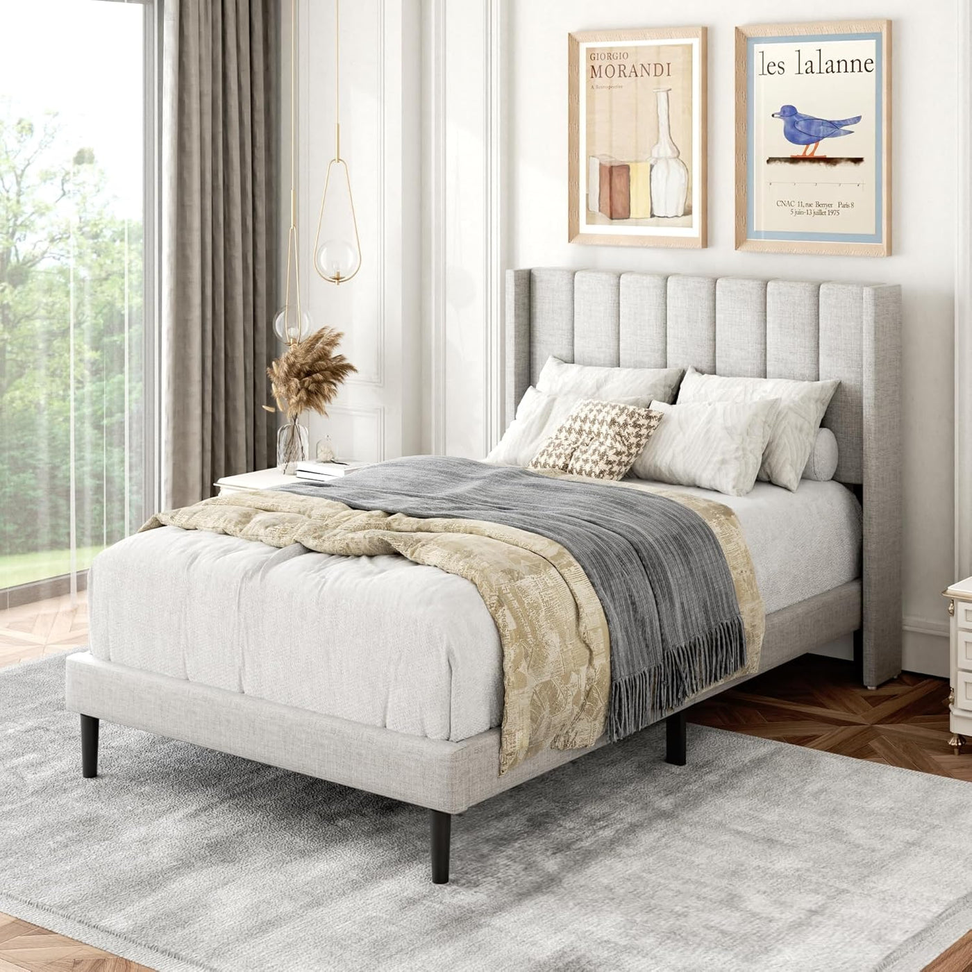 Queen Size Bed Frame with Upholstered Wingback Headboard, Sand - $140