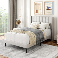 Queen Size Bed Frame with Upholstered Wingback Headboard, Sand - $140