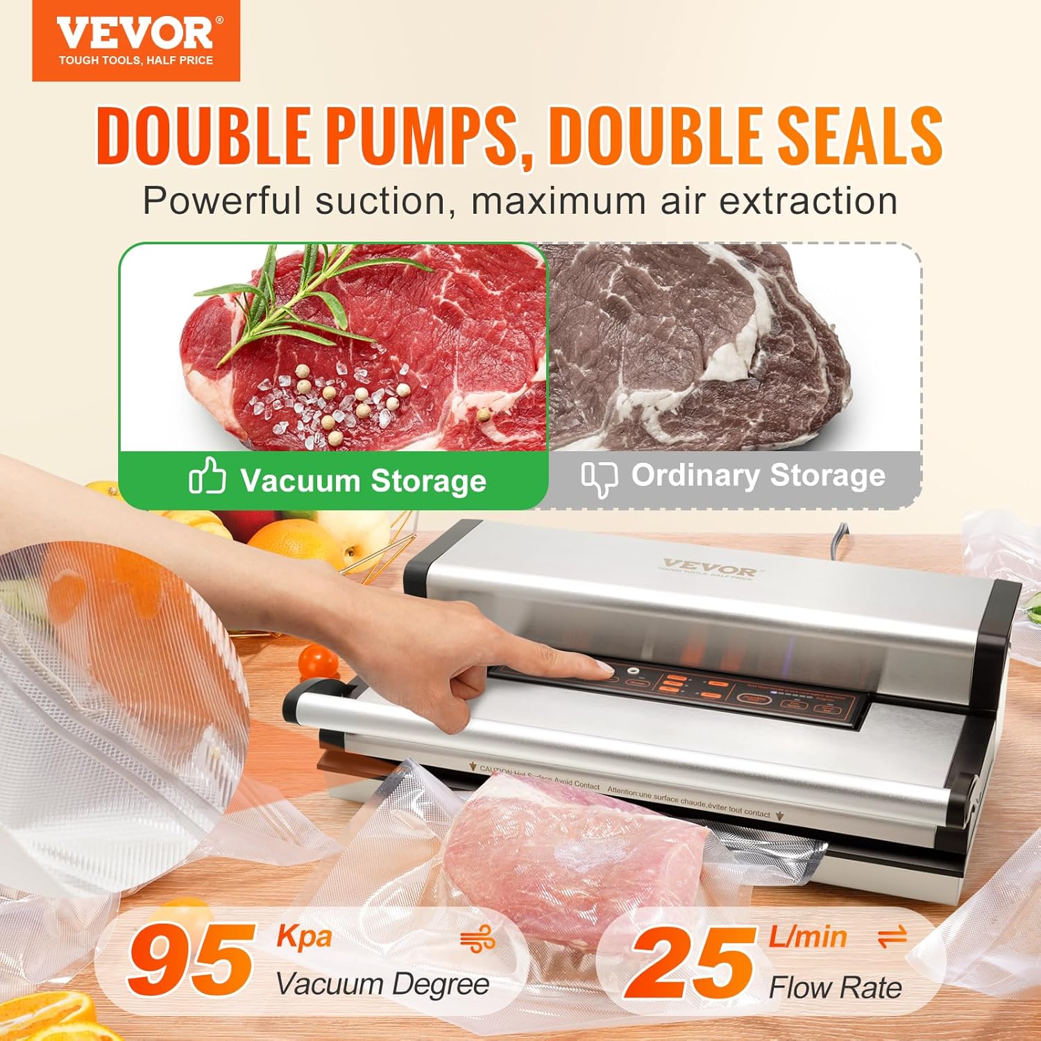 VEVOR Vacuum Sealer Machine, 95Kpa 350W Powerful Dual Pump and Dual Sealing - $195