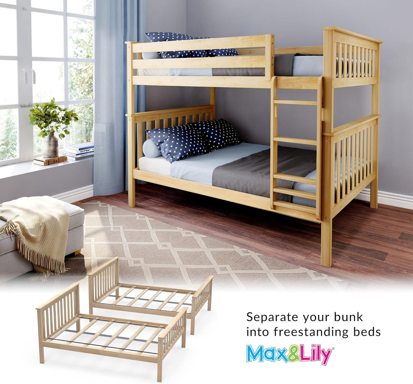 Max & Lily Full Over Full Bunk Bed with Ladder, Solid Wood Platform Bed Frame - $450