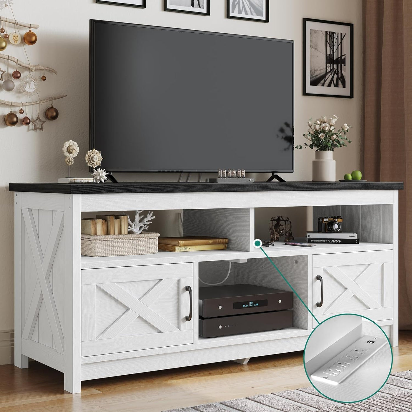 YITAHOME TV Stand for 65 55 Inch TV with Power Outlet, White/Black - $110