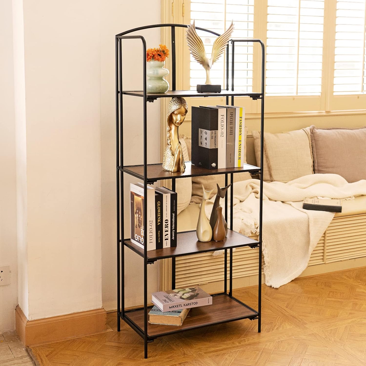 Crofy No Assembly Folding Bookshelf for Living Room, 4 Tier Black Collapsible - $60