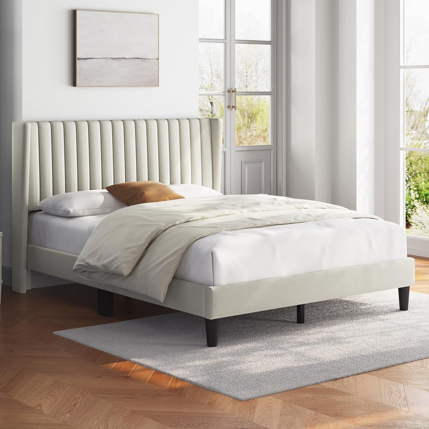 Yaheetech Queen Bed Frame Upholstered Platform Bed with Fabric Headboard - $90