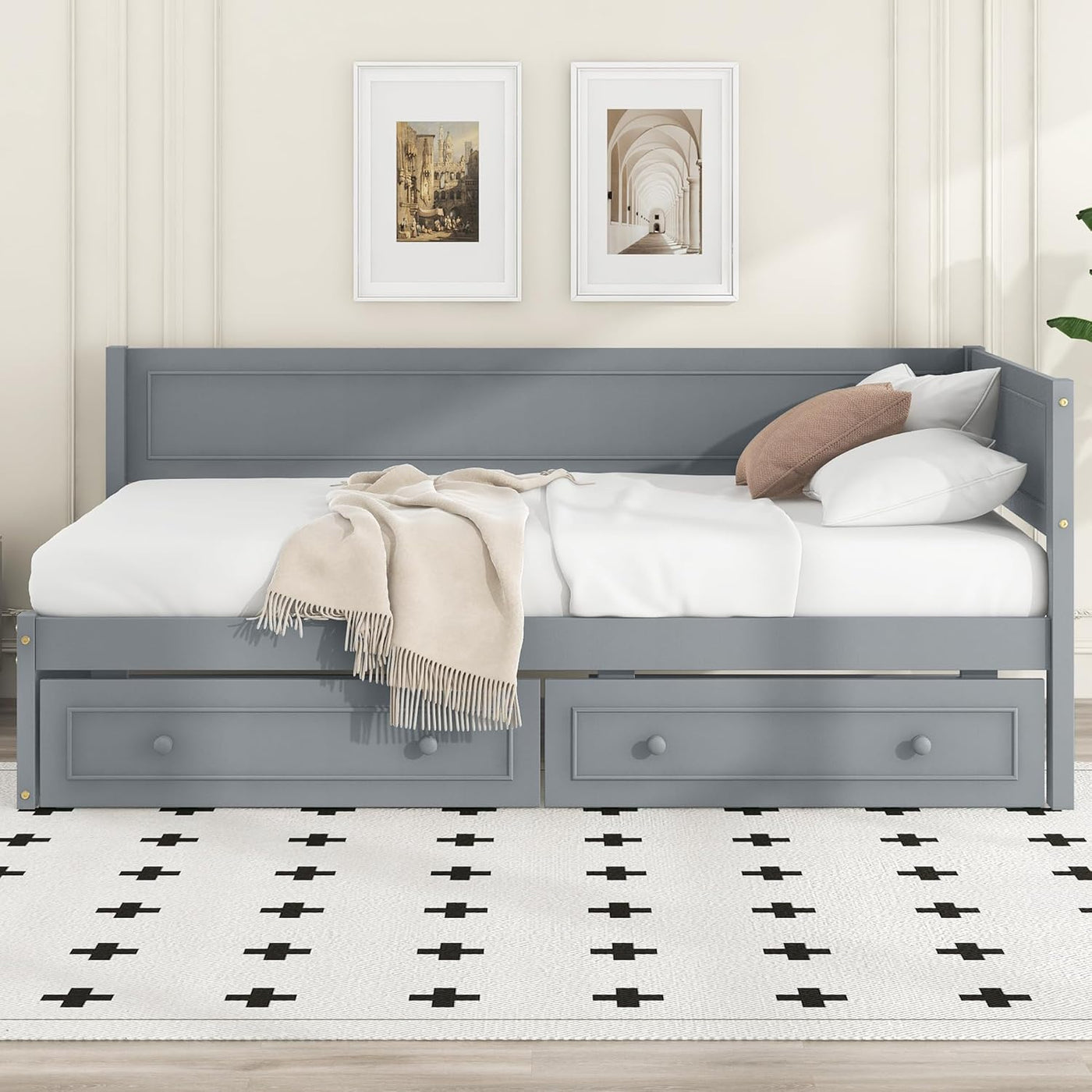 Wood Twin Daybed Frame with 2 Storage Drawers, L-Shaped Corner Unit, Gray - $110