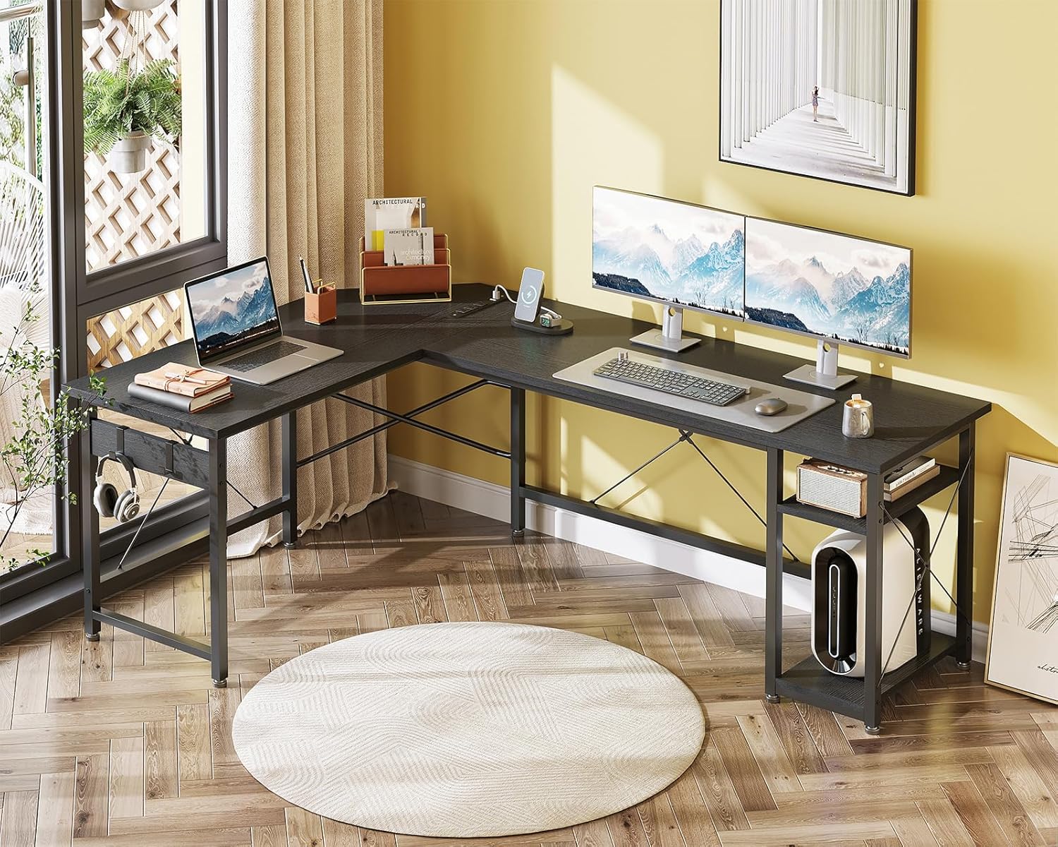 Coleshome L Shaped Computer Desk 66" with Power Outlet & Storage Shelves - $100