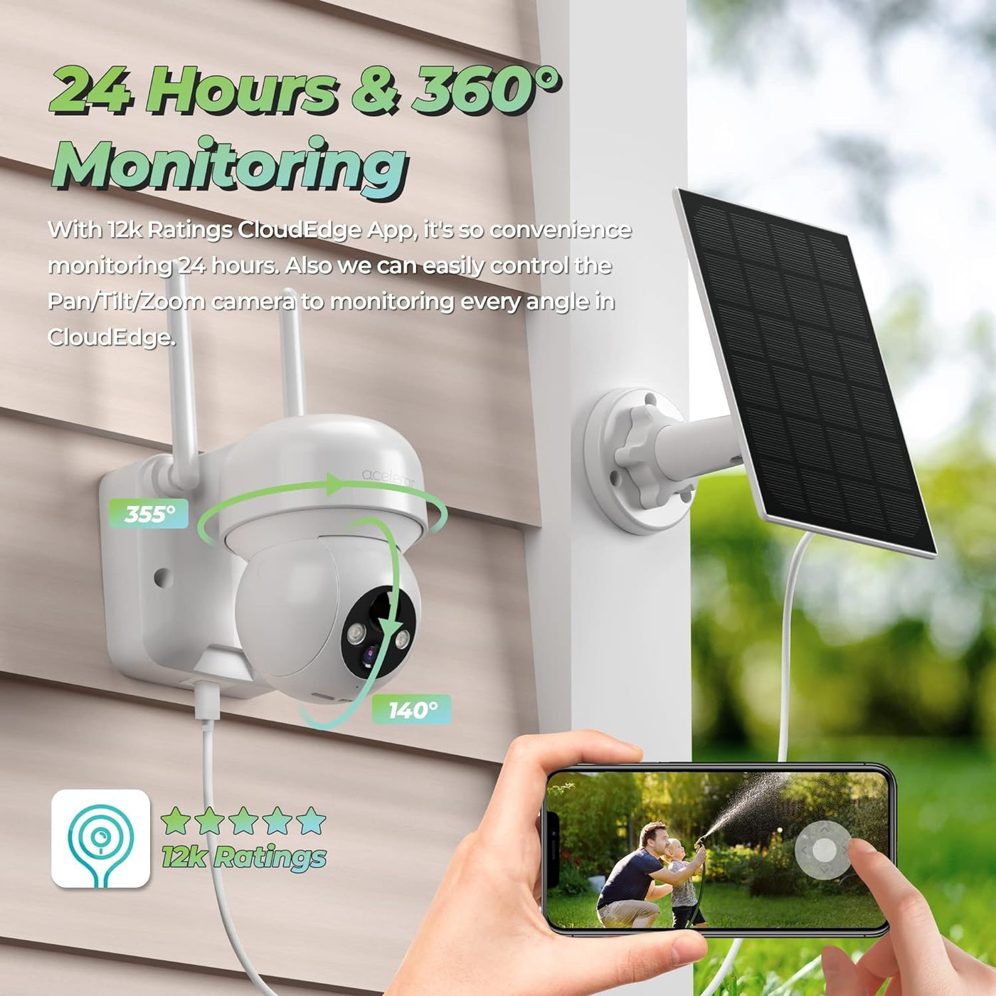 Solar Wireless Security Camera 2K with Audio and Light Alarm Outdoor Home  Security Camera Color Night Vision 9600mAh Built-in Battery Black