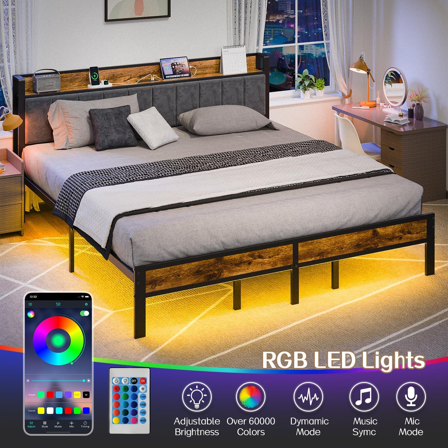 King Size Bed Frame with Smart LED Lights, Storage Headboard - $130