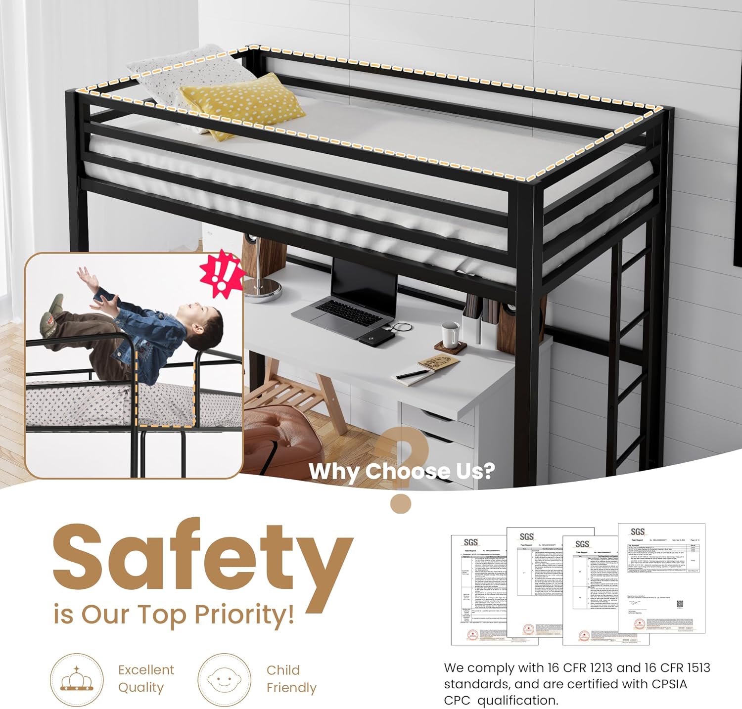 SHA CERLIN Loft Bed Twin Size with Ladder and Guardrail,Heavy Duty Metal - $110