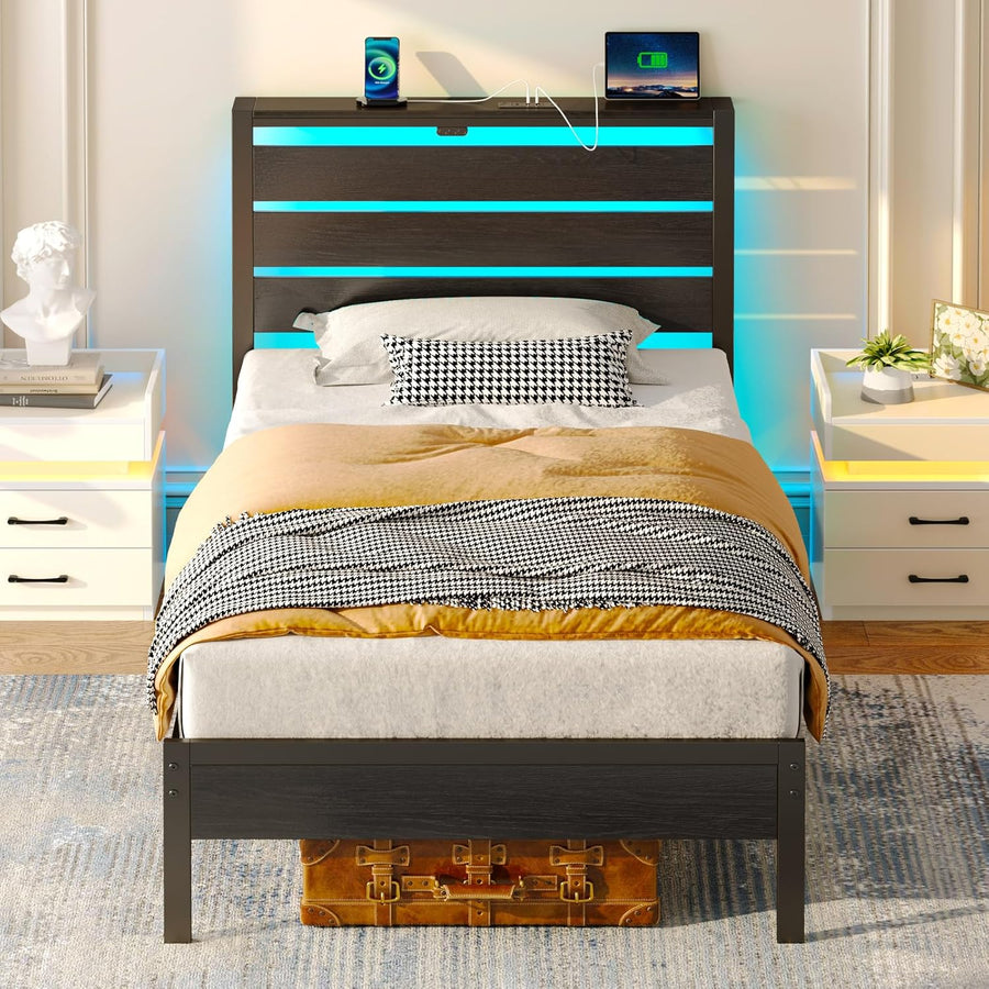 Rolanstar Bed Frame Twin Size with USB Charging Station, LED Bed Frame - $50