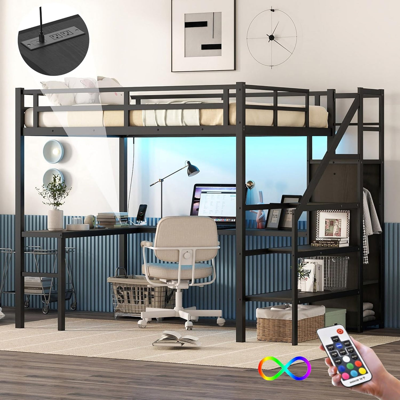 Full Size Metal Loft Bed with Desk and Wardrobe,Heavy Duty Loft Bed Frame - $235