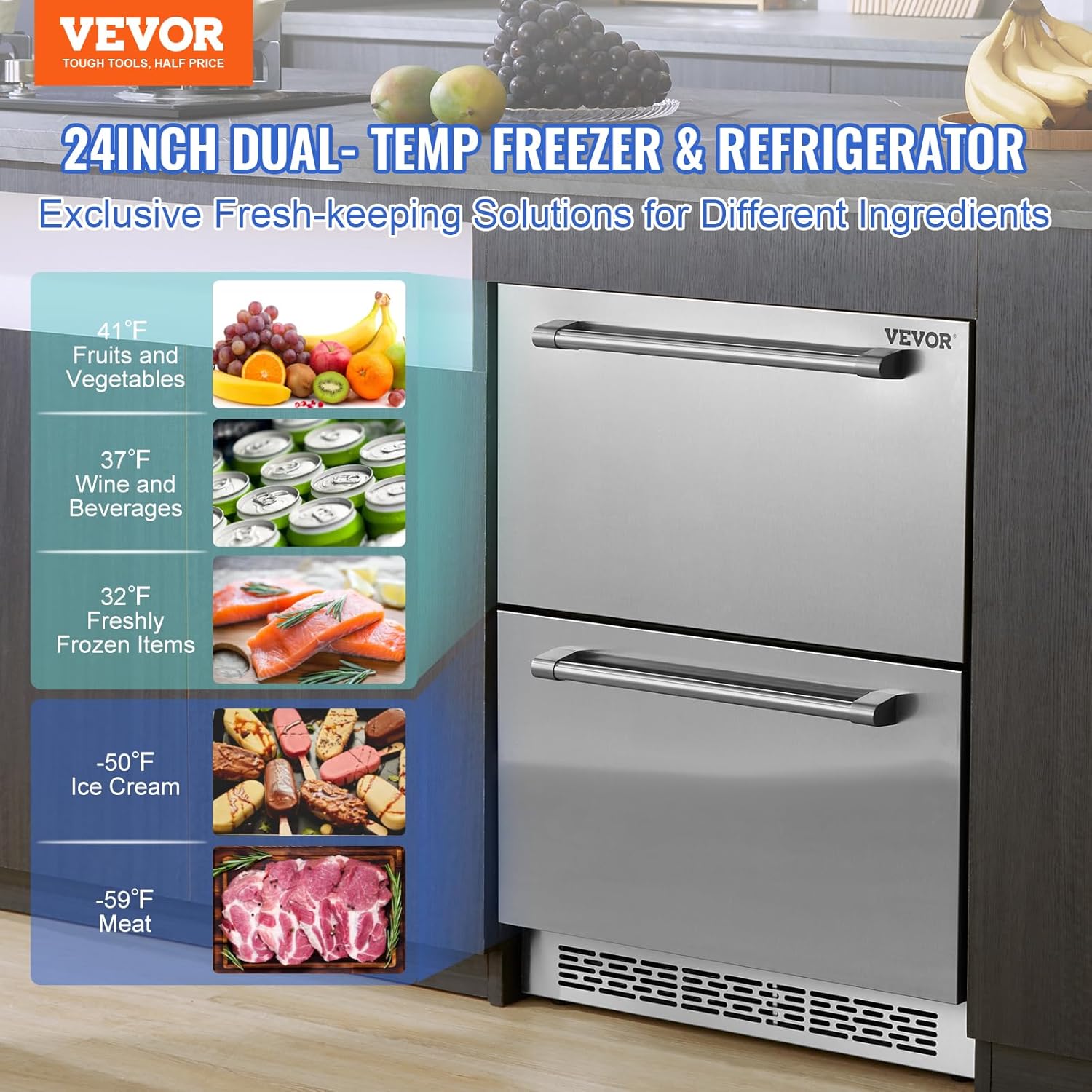 VEVOR Undercounter Refrigerator & Freezer, 24-inch Outdoor Drawer Fridge for Patio - $780