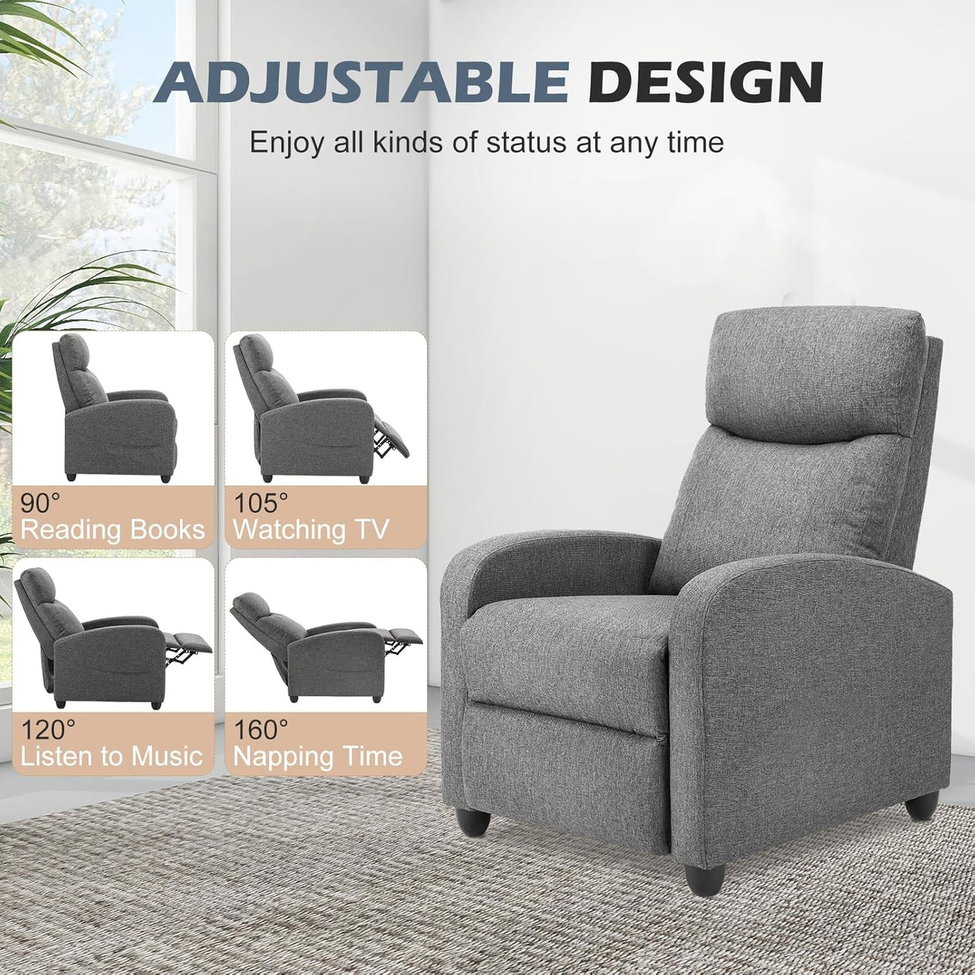 Sweetcrispy Recliner Chair for Adults, Massage Fabric Small Recliner (Grey) - $80