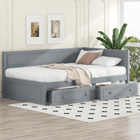 Wood Twin Daybed Frame with 2 Storage Drawers, L-Shaped Corner Unit, Gray - $110