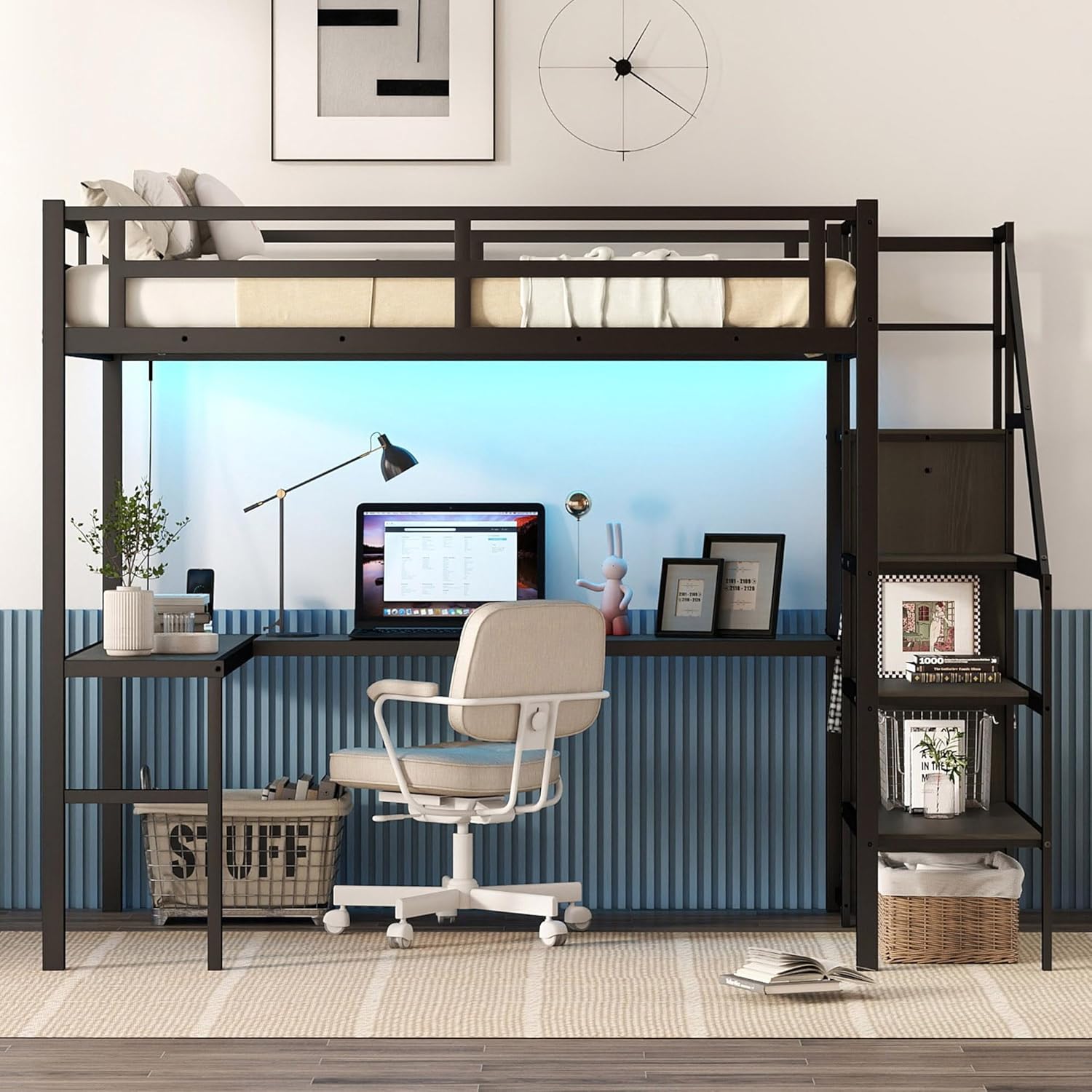 Full Size Metal Loft Bed with Desk and Wardrobe,Heavy Duty Loft Bed Frame - $235