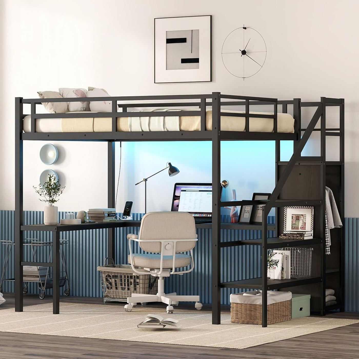 Full Size Metal Loft Bed with Desk and Wardrobe,Heavy Duty Loft Bed Frame - $235