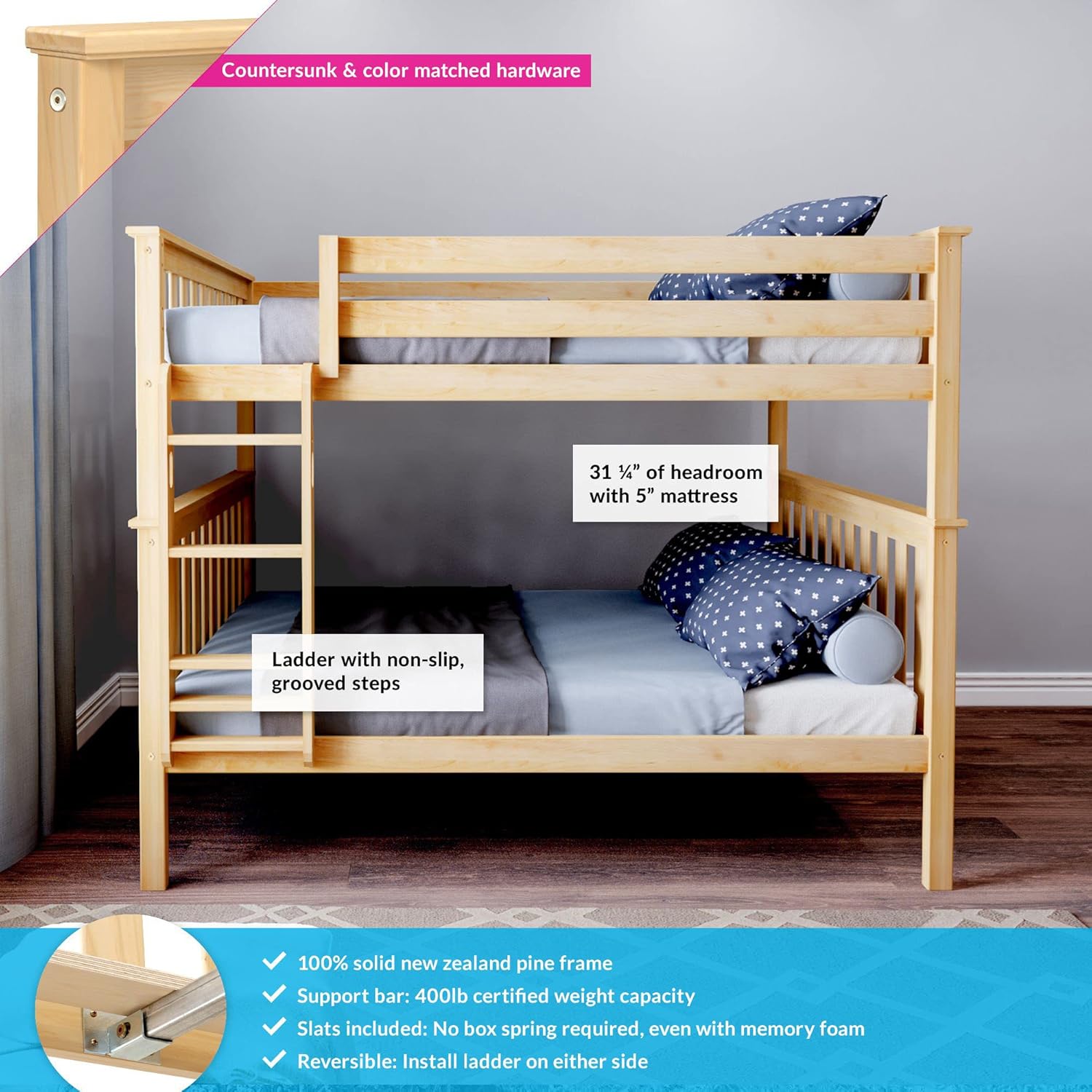 Max & Lily Full Over Full Bunk Bed with Ladder, Solid Wood Platform Bed Frame - $450