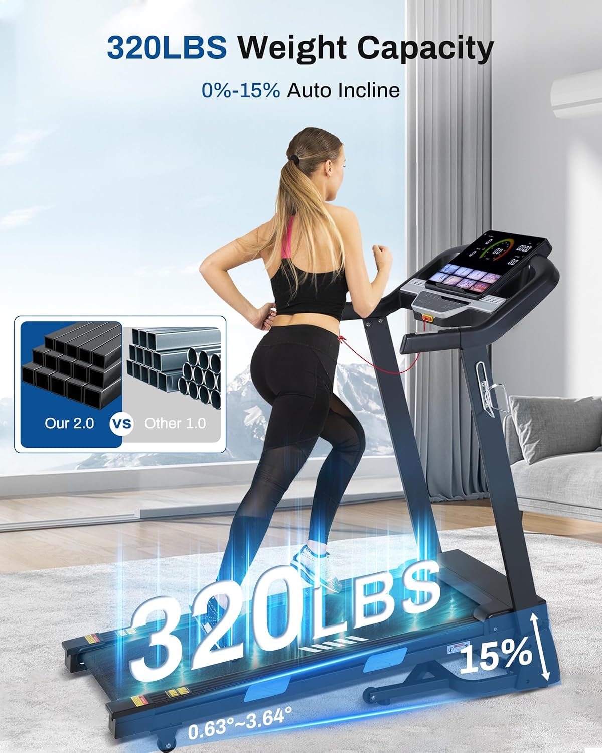 Auto Incline Treadmill - 300+ LBS Capacity 3.5HP Folding Treadmills - $280