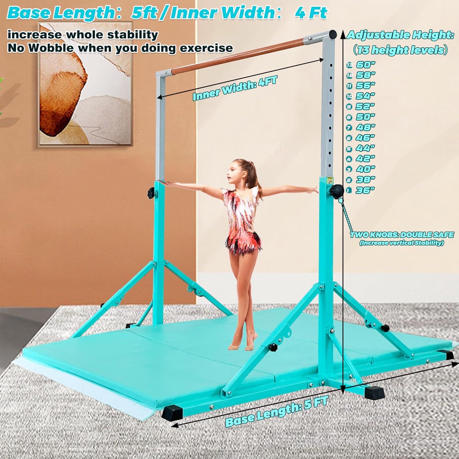 Gymnastic Bar For Kids and Teenage Ages 3-25, 5 FT / 6 FT Base Length - $155