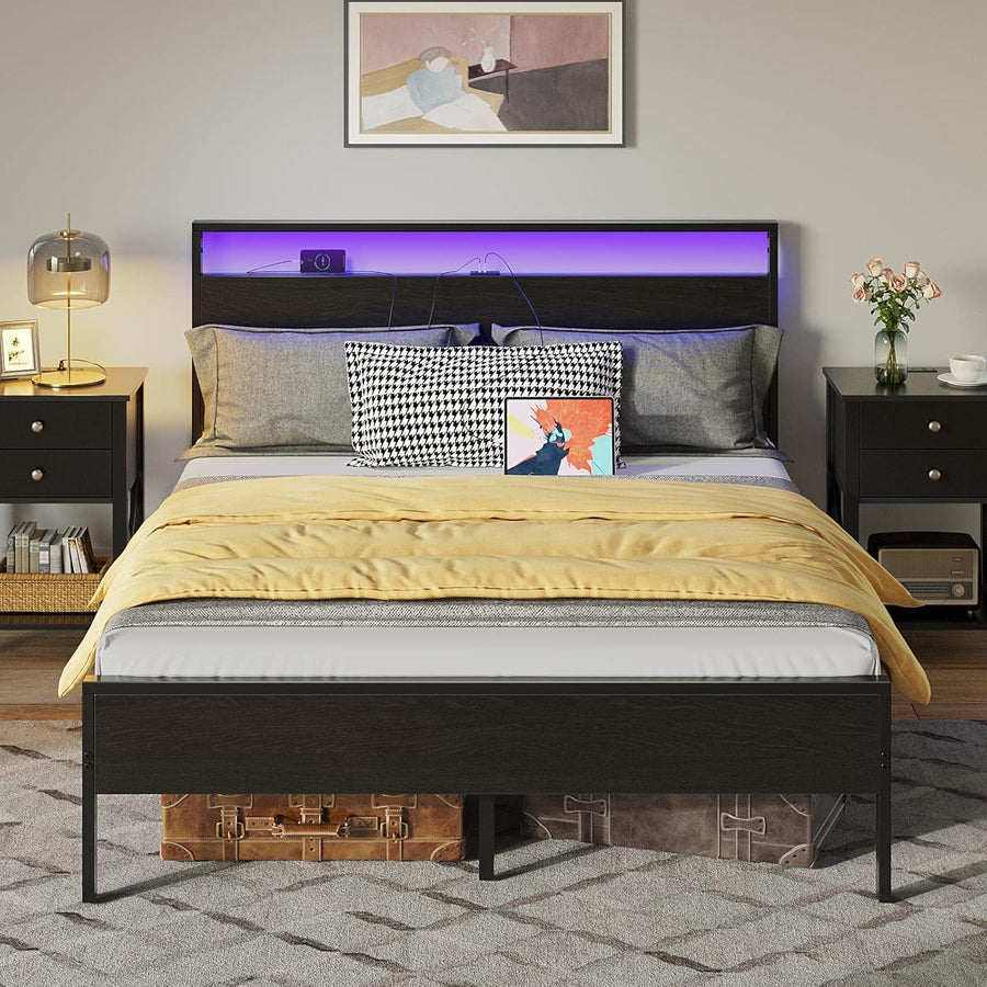 Rolanstar Bed Frame with Charging Station, Full Bed with LED Lights Headboard - $85