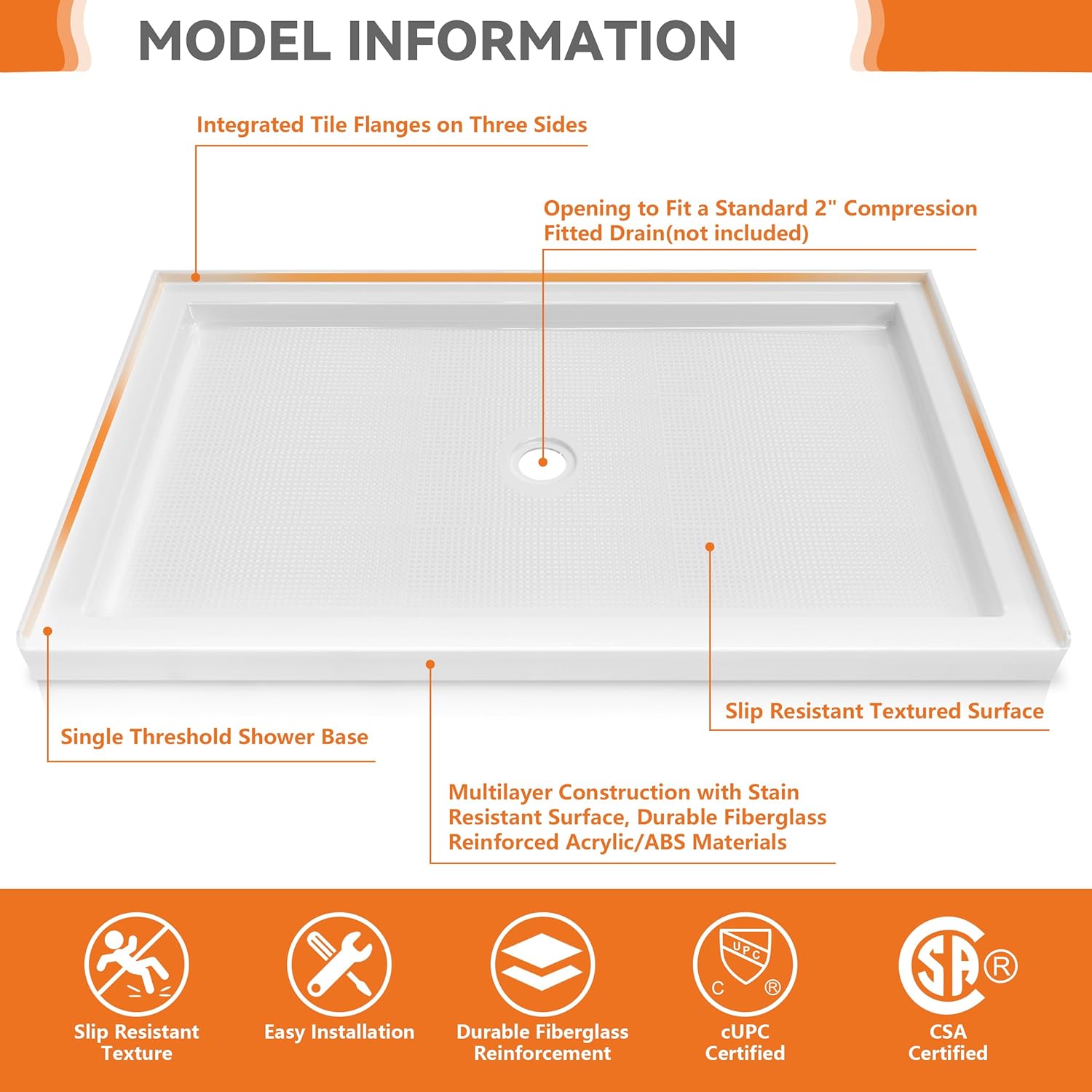 CKB 60 in. L x 36 in. W Center Drain Shower Base, Single Threshold Shower Pan - $240