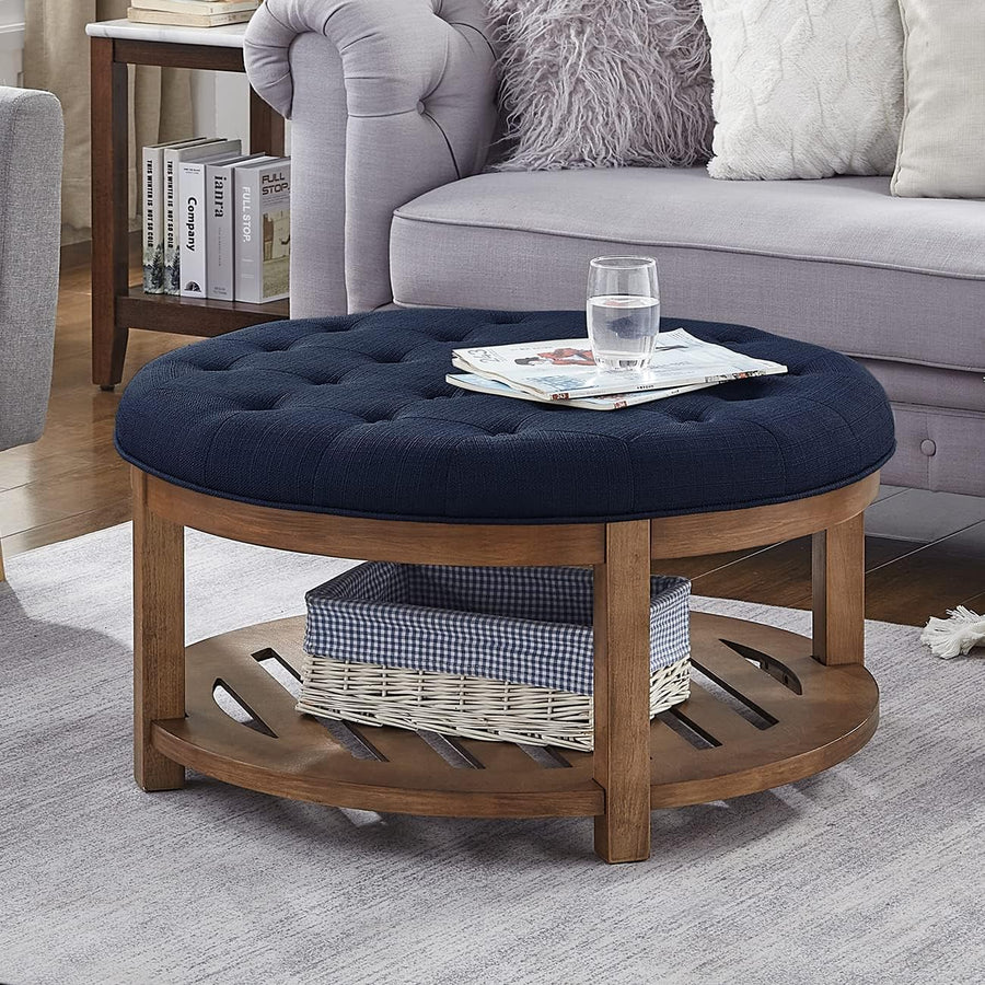 24KF Large Round Upholstered Tufted Linen Ottoman Coffee Table, Large Footrest - $120