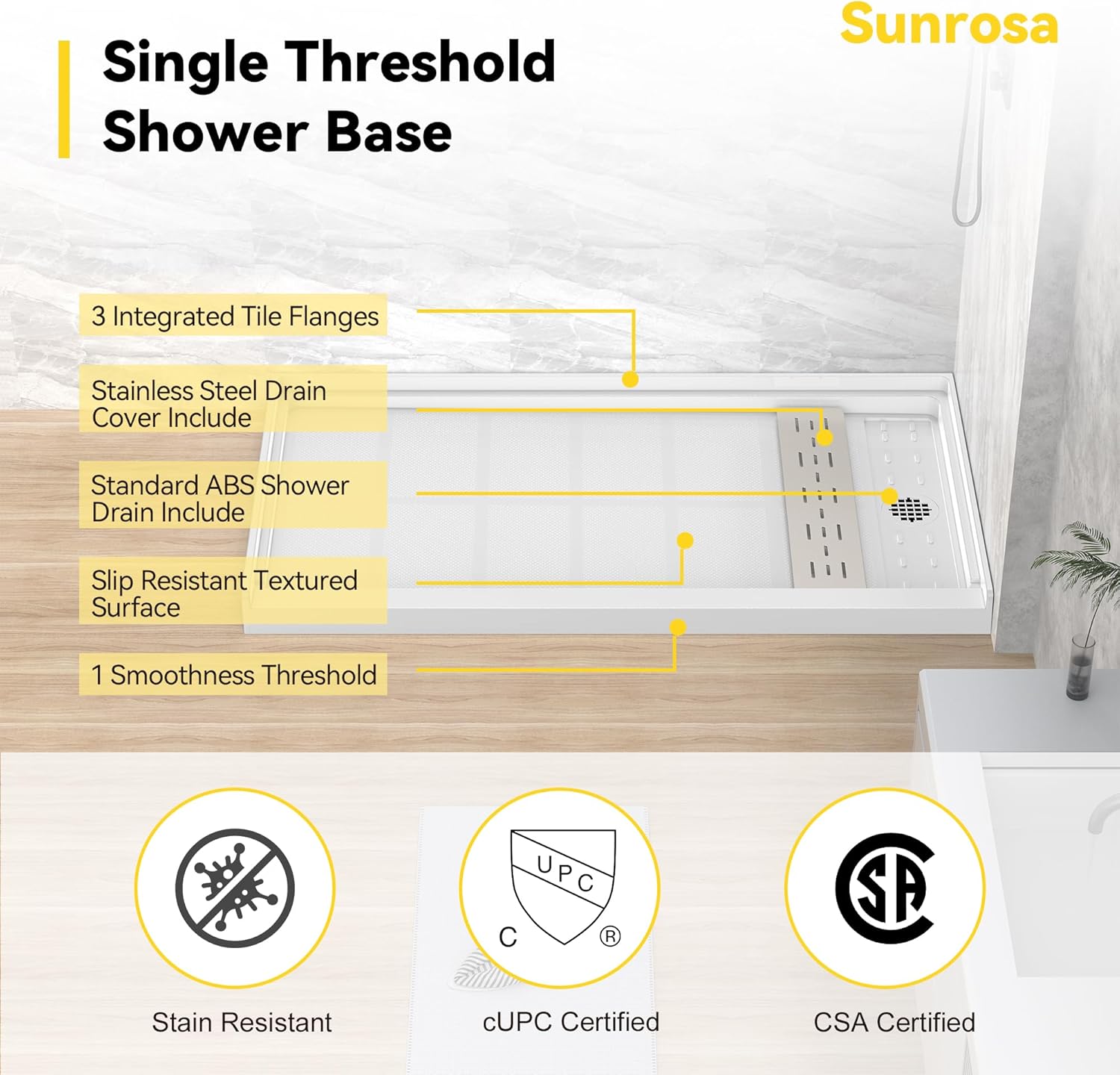 Sunrosa Shower Base 60"× 36"×4", Single Threshold Shower Bases with Right Drain - $290