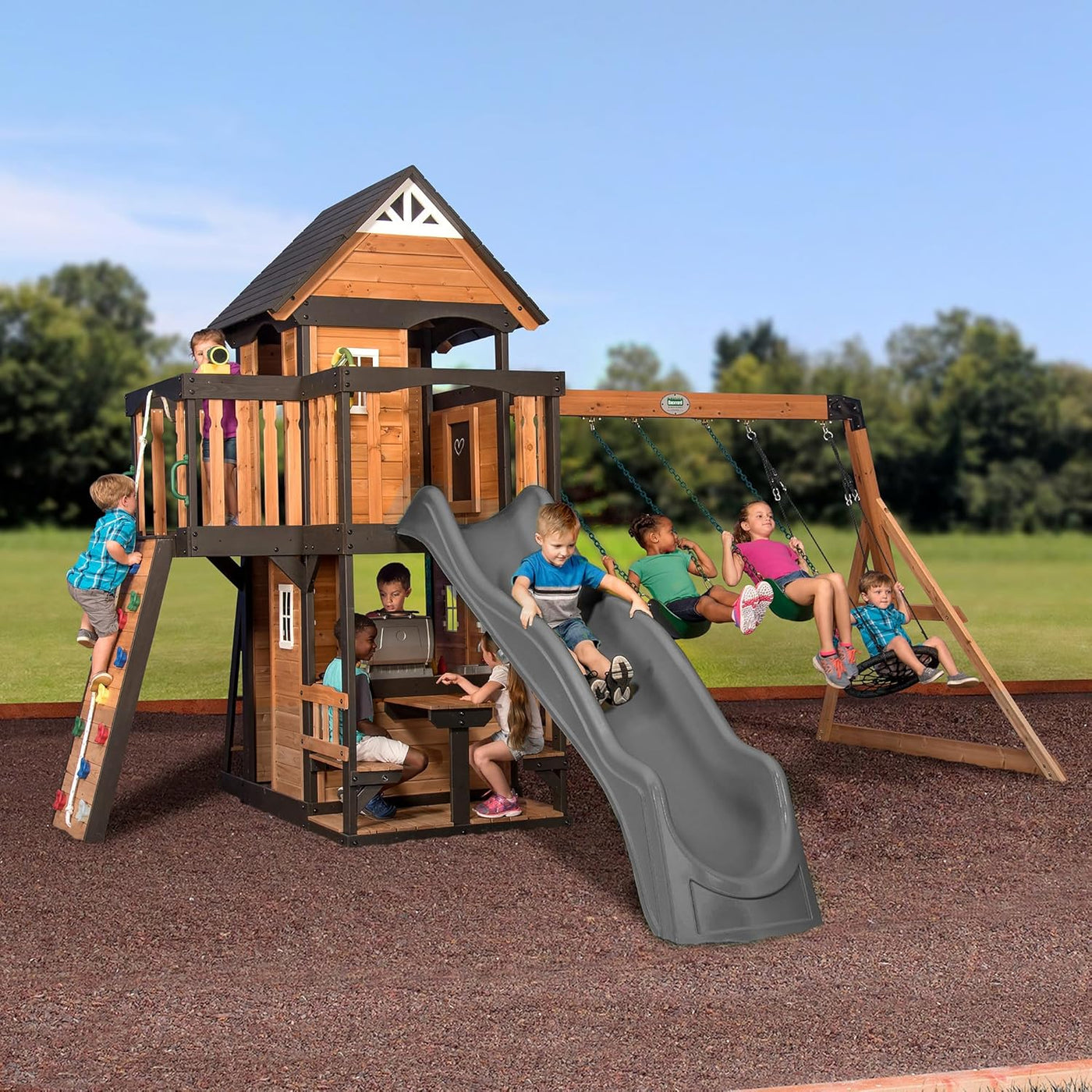 Backyard Discovery Canyon Creek All Cedar Wood Swing Set w/Grey Wave Slide - $1100