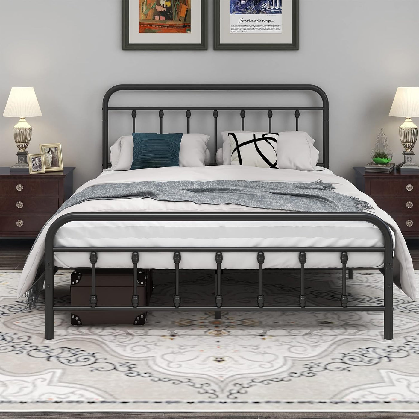 DUMEE Metal Queen Bed Frame with Headboard and Footboard, Textured Black - $110