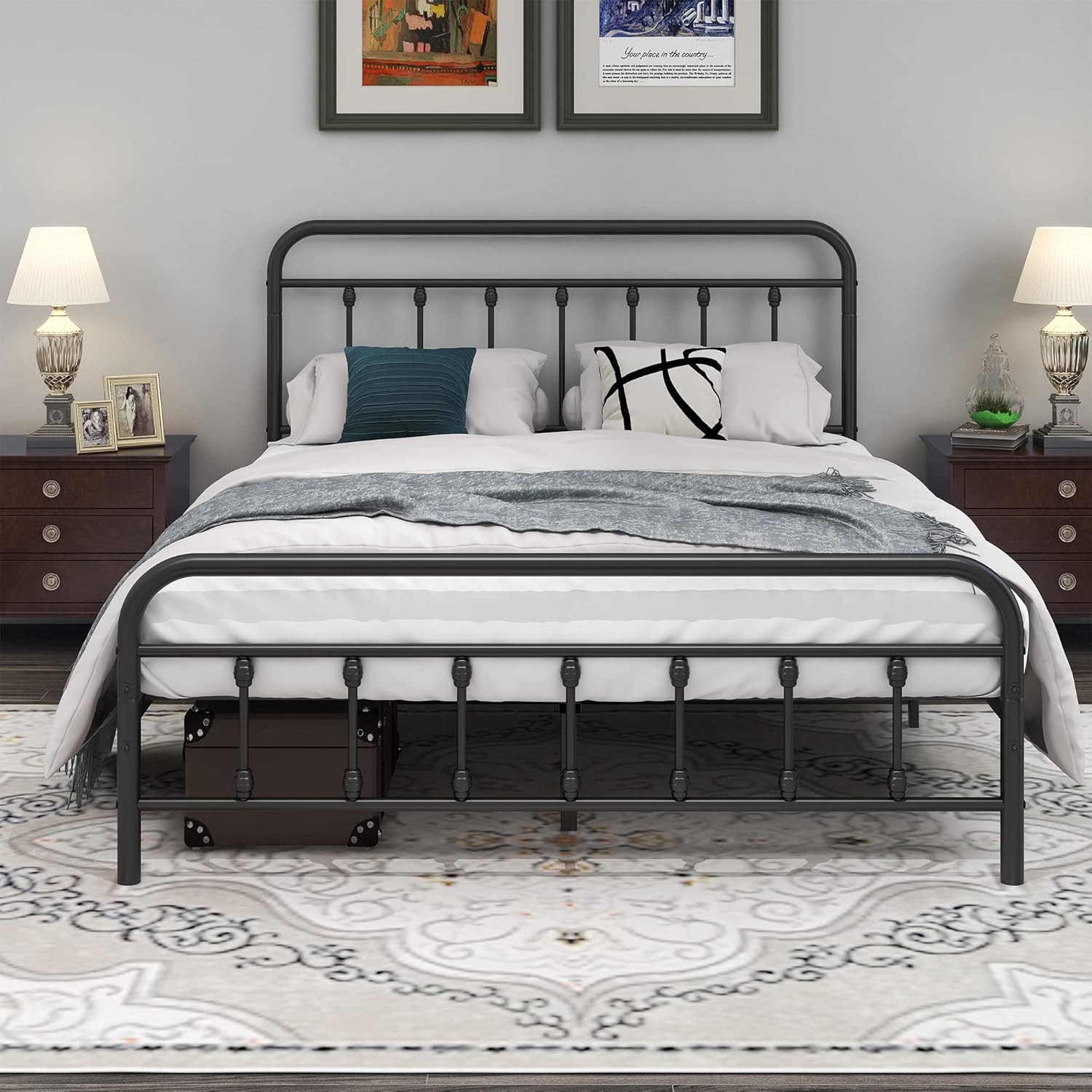 DUMEE Metal Queen Bed Frame with Headboard and Footboard, Textured Black - $110