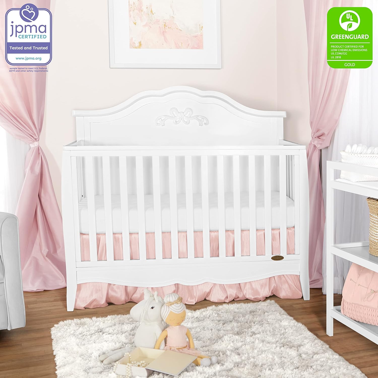 SweetPea Baby Jasmine 4-in-1 Convertible Crib in White, 3 Mattress Height Settings - $205