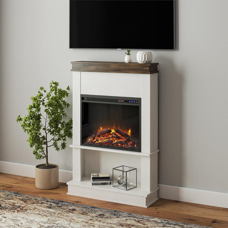 Ameriwood Home Mateo Electric Fireplace with Mantel & Open Shelf, 30", Ivory Oak - $180