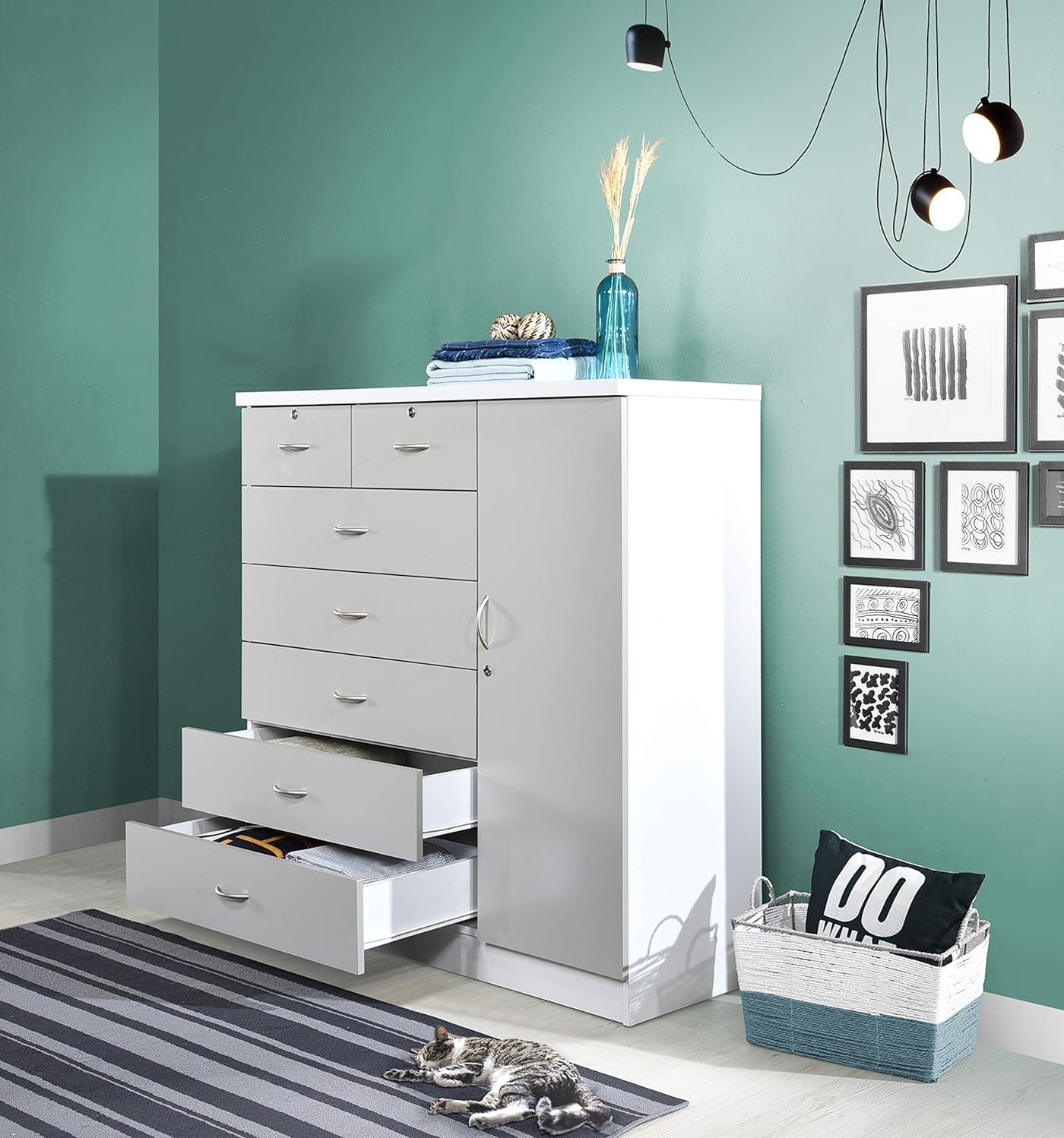 Hodedah 7 Drawer Jumbo Chest, Five Large Drawers, Two Smaller Drawers - $230