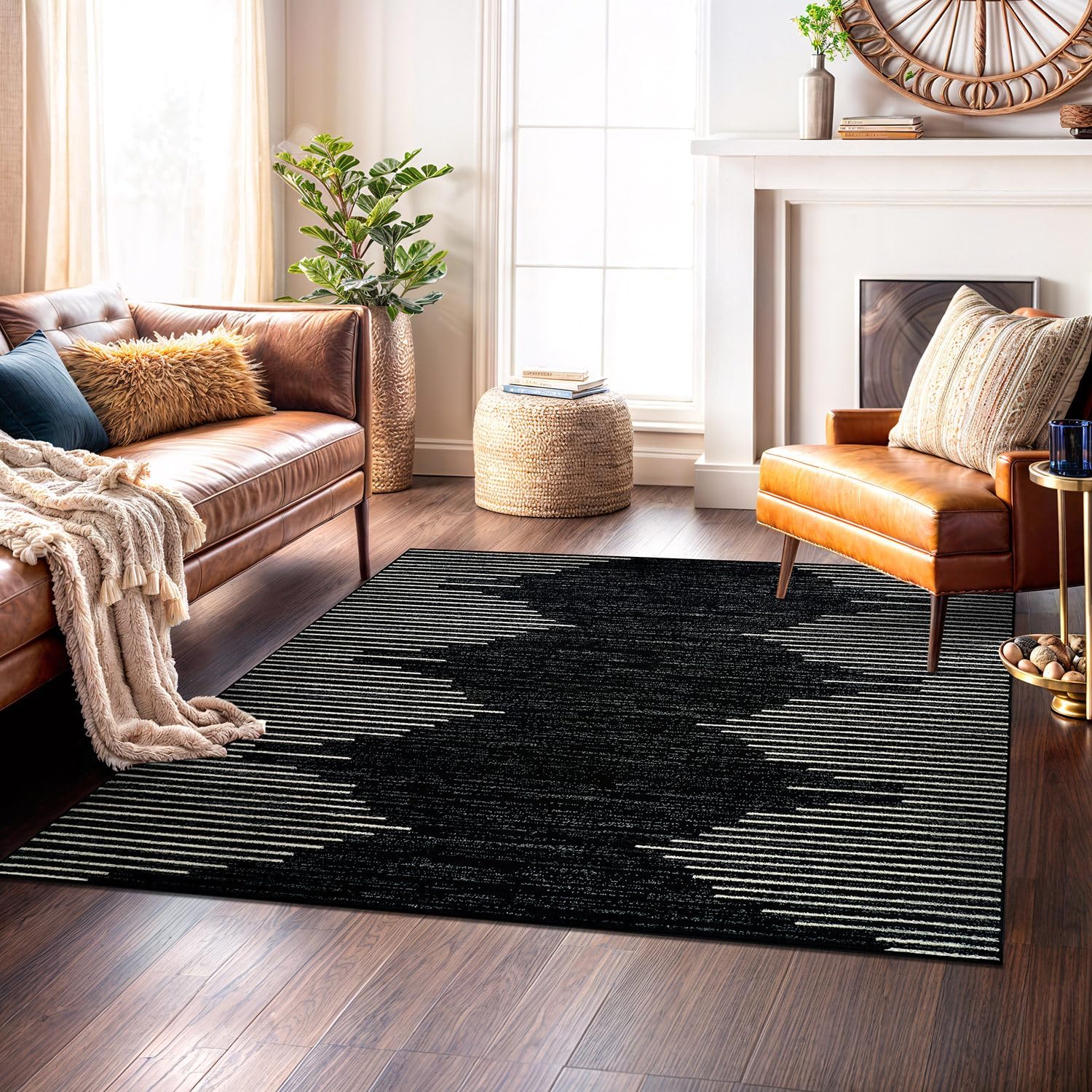 Rugshop Bohemian Stripe Stain Resistant Square Area Rug 6'6" x 6'6" Black - $40