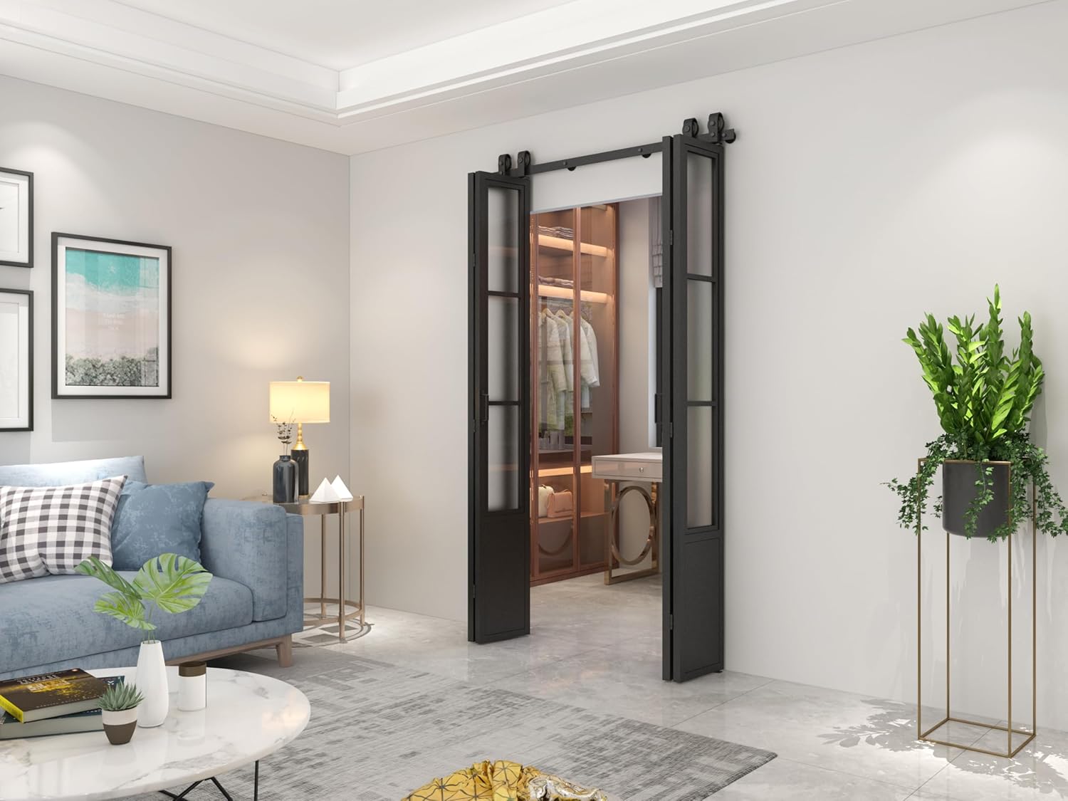 48 in. x 84 in. 3/4 Lites Frosted Glass Black Steel Frame Double Bi-Fold Barn Doors - $515